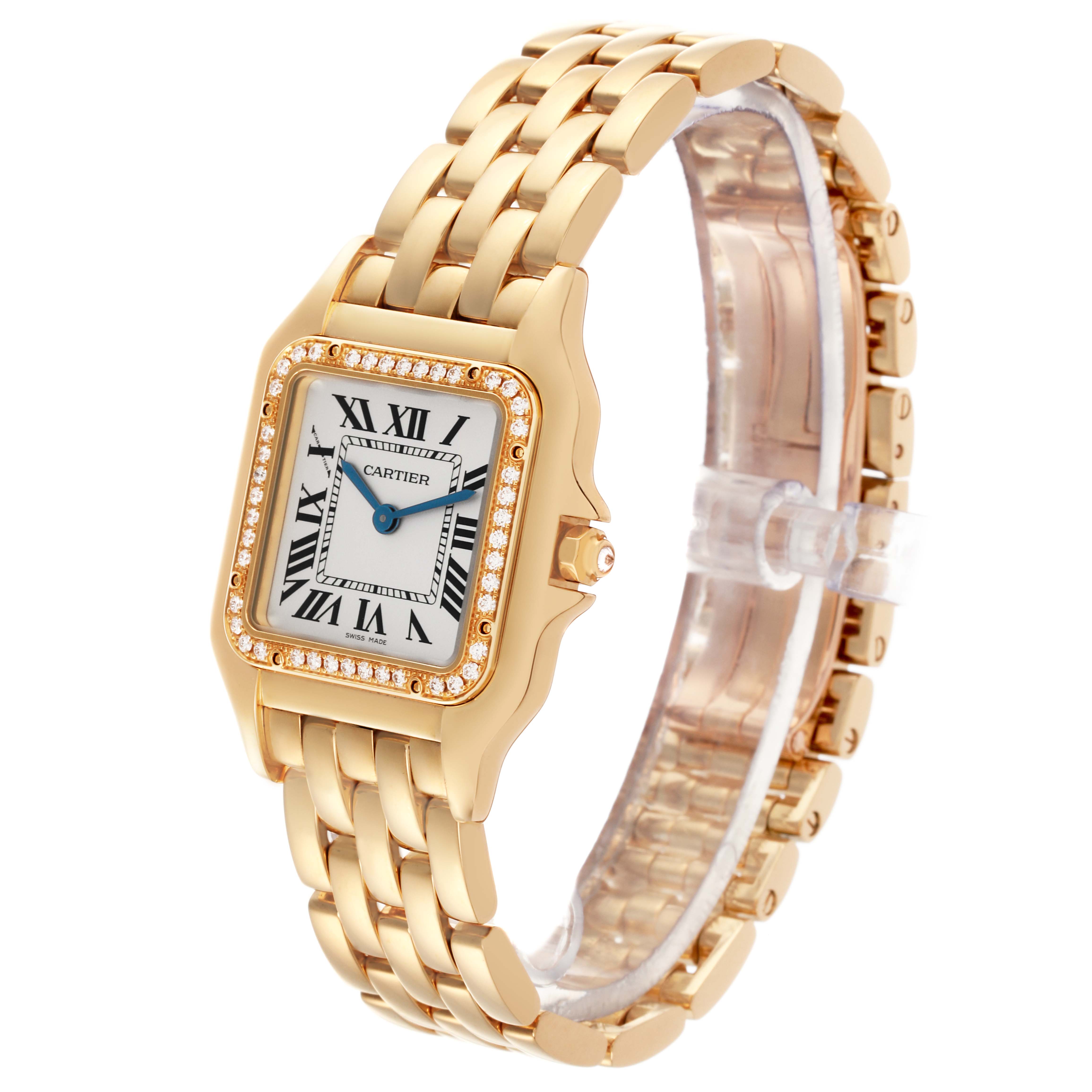 The Cartier Panthere WJPN0016 Women's Yellow Gold Silver Dial WJPN0016 Women's Yellow Gold Silver Dial watch is shown at an angled side view, highlighting the gold bracelet, square face, and diamond bezel.