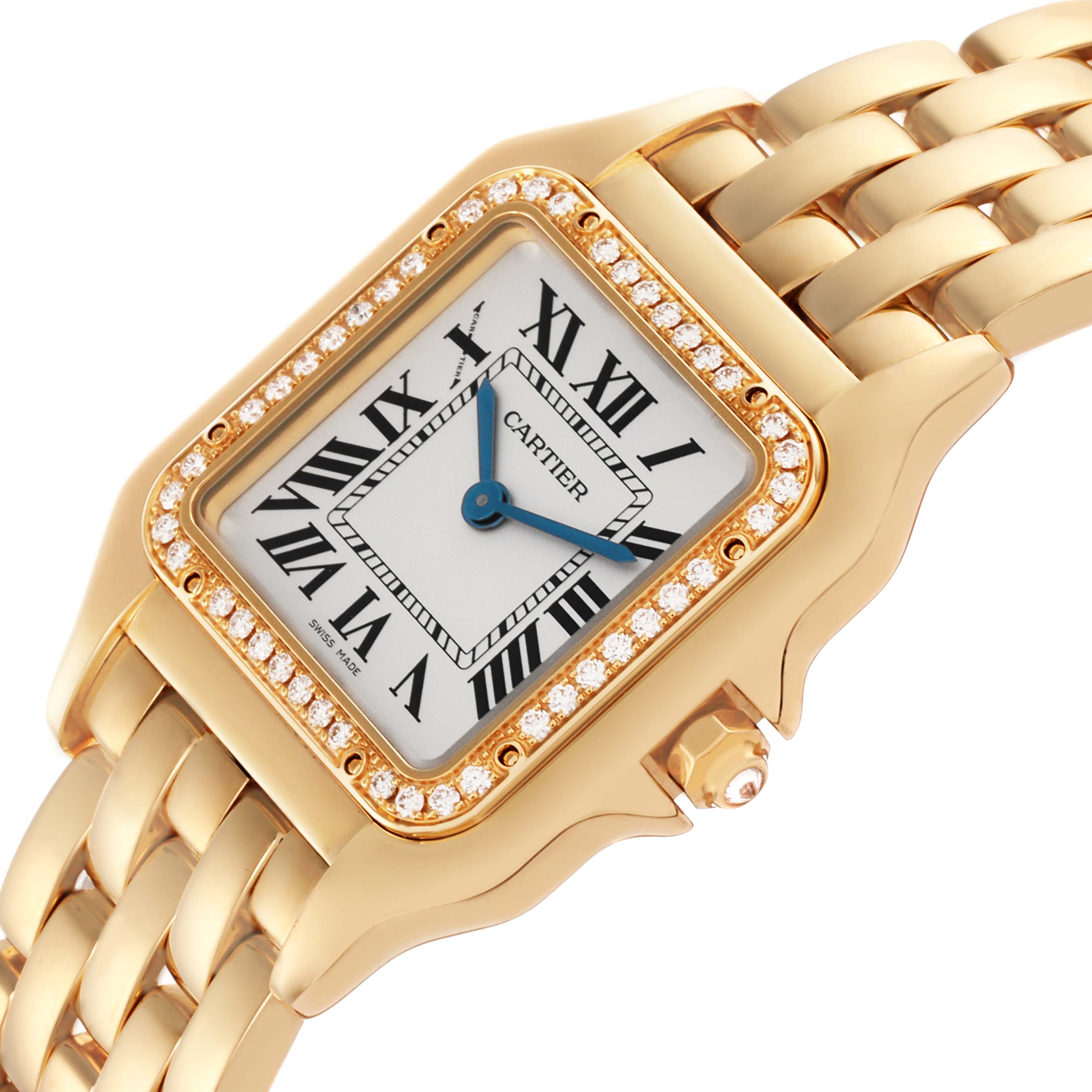 The Cartier Panthere WJPN0016 Women's Yellow Gold Silver Dial WJPN0016 Women's Yellow Gold Silver Dial watch is shown at an oblique angle highlighting the gold case, diamond bezel, Roman numerals, and link bracelet.