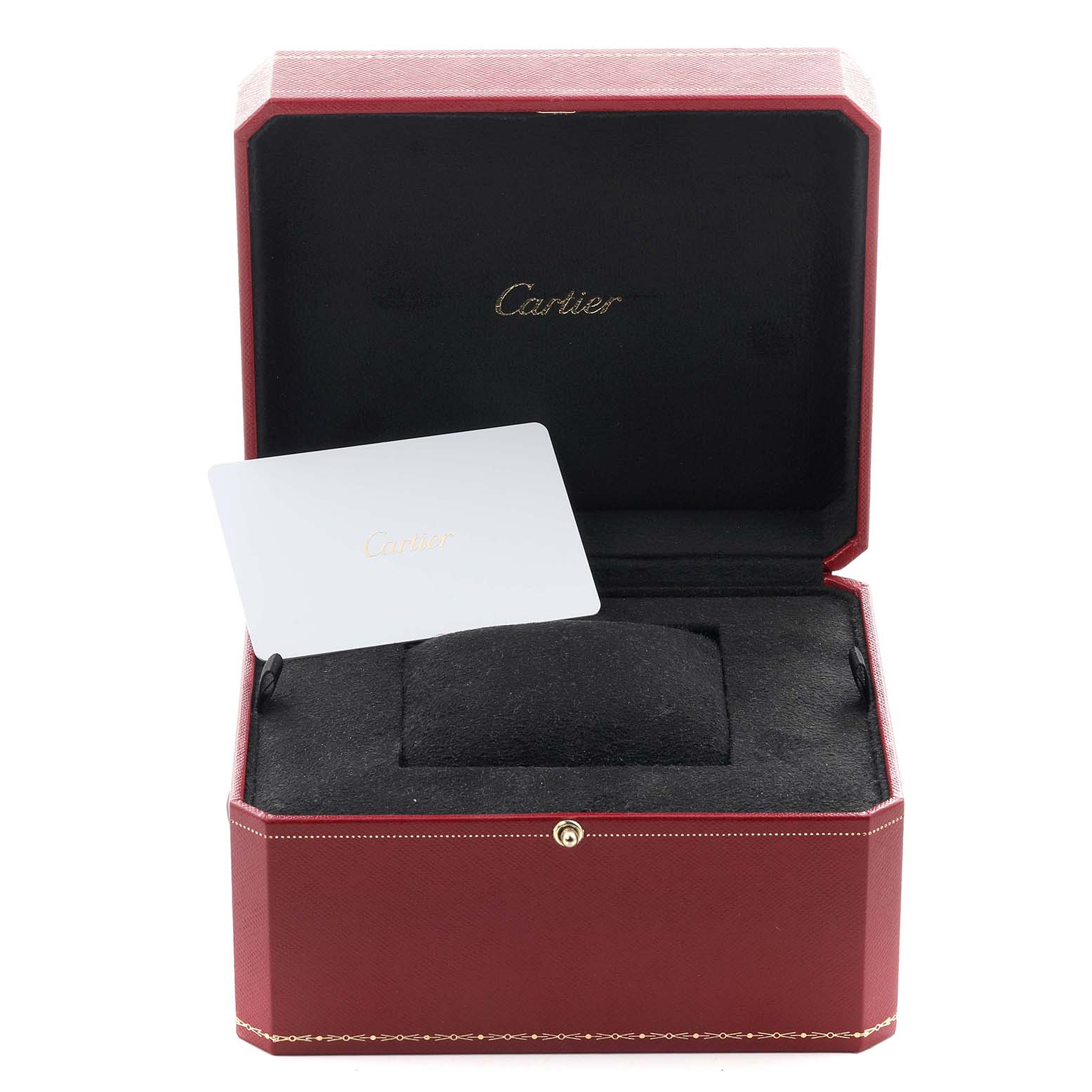 The image shows a Cartier Panthère watch box and a card at a front angle.