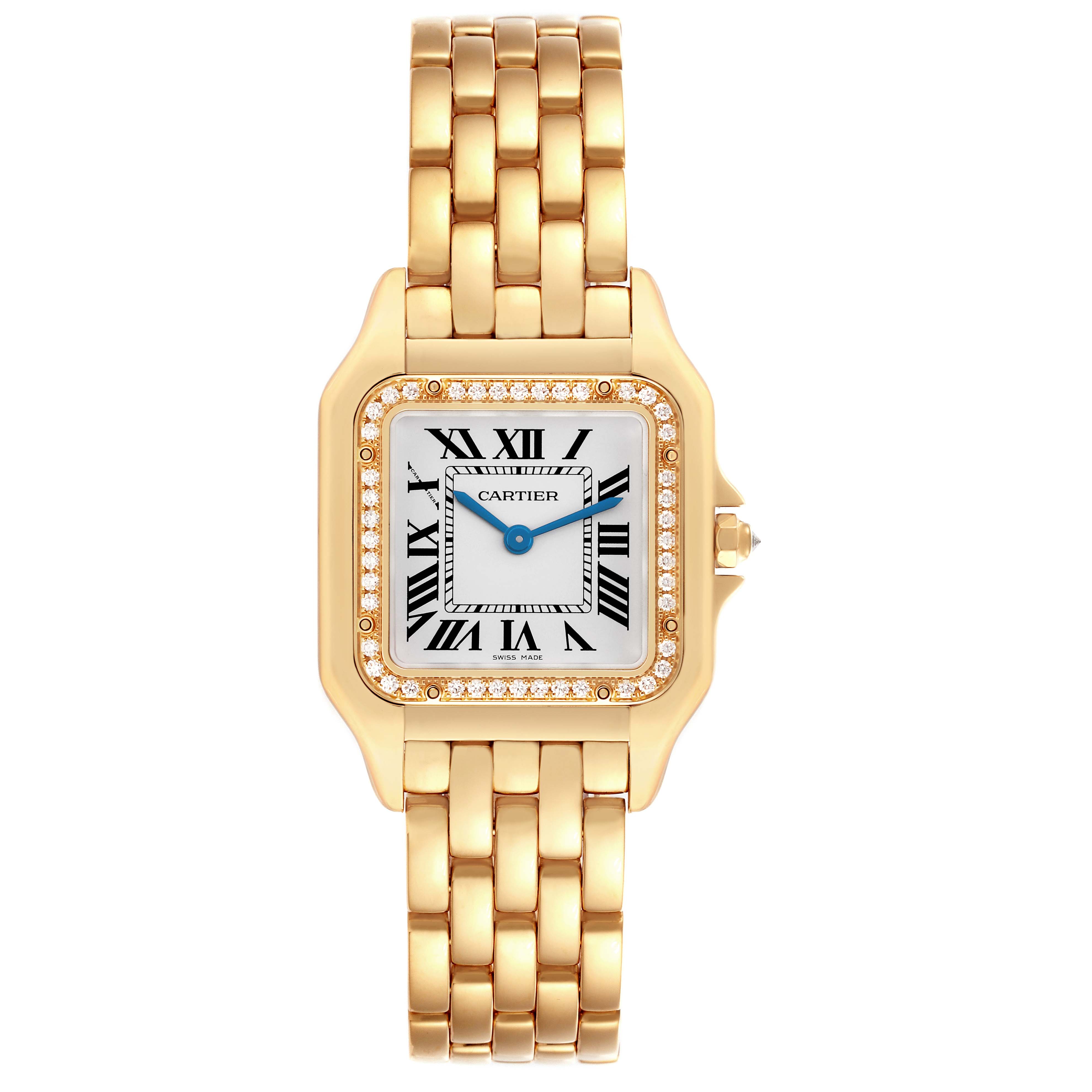 The Cartier Panthere WJPN0016 Women's Yellow Gold Silver Dial WJPN0016 Women's Yellow Gold Silver Dial watch is shown from a top view, displaying the gold bracelet, square bezel with diamonds, and Roman numeral dial.