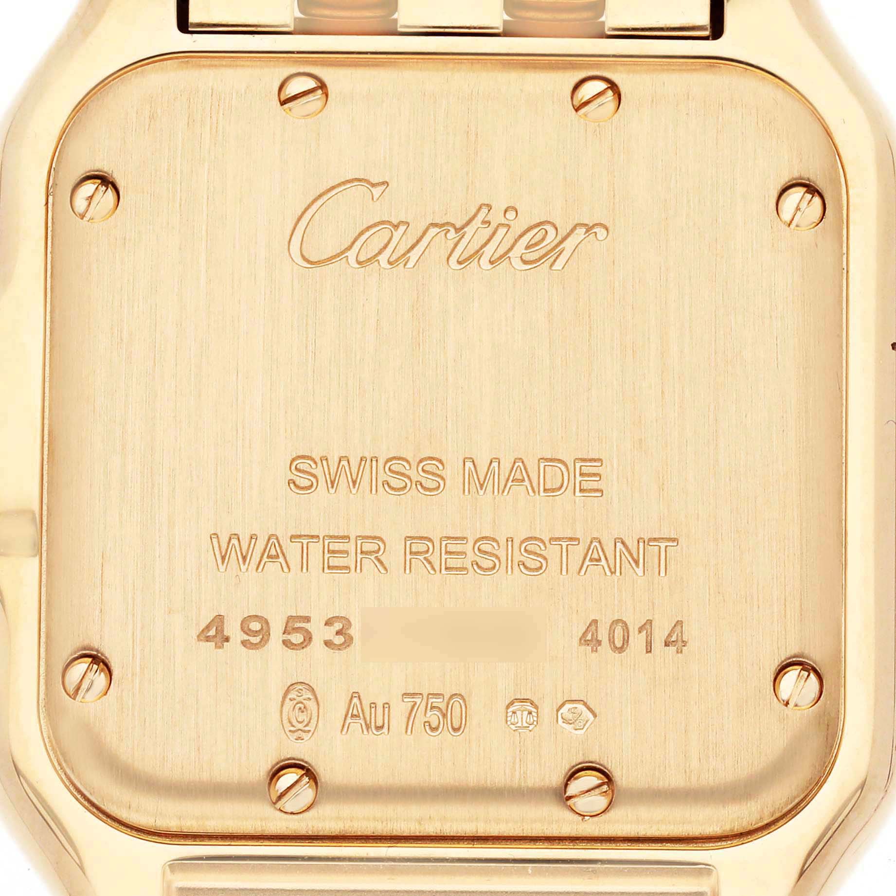 The image shows the back of the Cartier Panthere WJPN0016 Women's Yellow Gold Silver Dial WJPN0016 Women's Yellow Gold Silver Dial watch with engravings and screws visible.