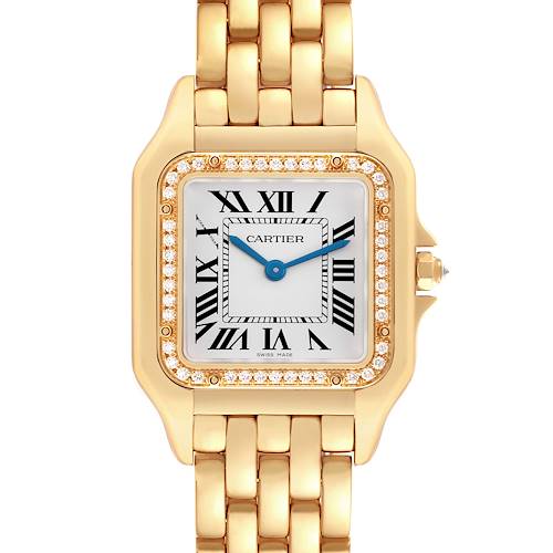 The Cartier Panthere watch is shown from the front, highlighting its square face, gold bracelet, and diamond-set bezel.