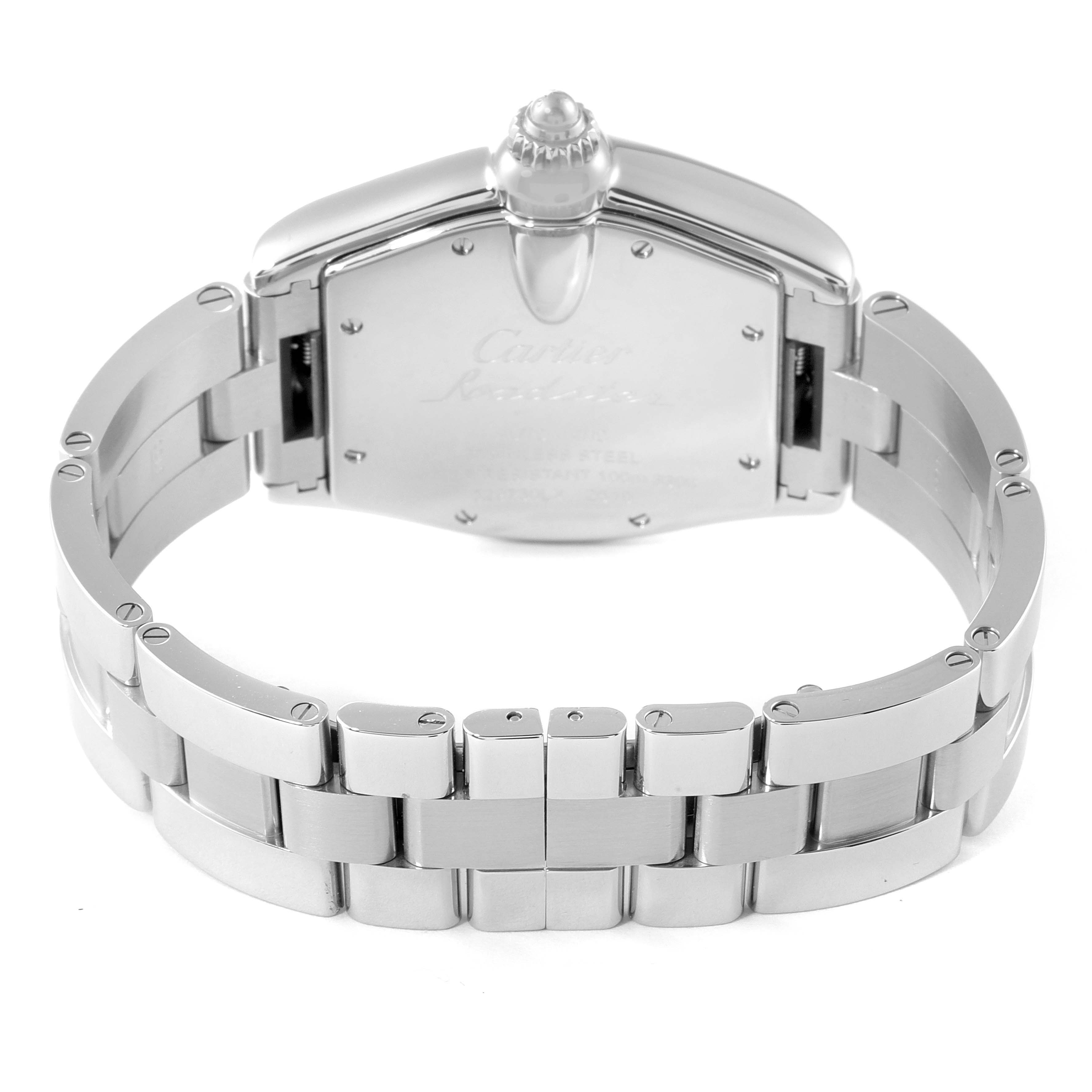 The image shows the back view of the Cartier Roadster W62025V3 Men
s Stainless Steel Silver Dial W62025V3 Men
s Stainless Steel Silver Dial watch, focusing on its stainless steel case and bracelet.