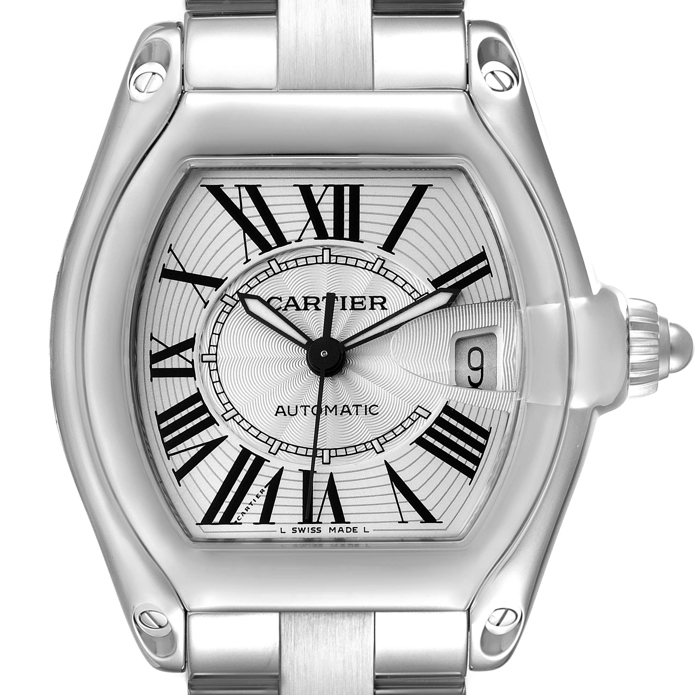 The Cartier Roadster W62025V3 Men
s Stainless Steel Silver Dial W62025V3 Men
s Stainless Steel Silver Dial watch is shown from a front angle, displaying the watch face, bezel, crown, and part of the bracelet.