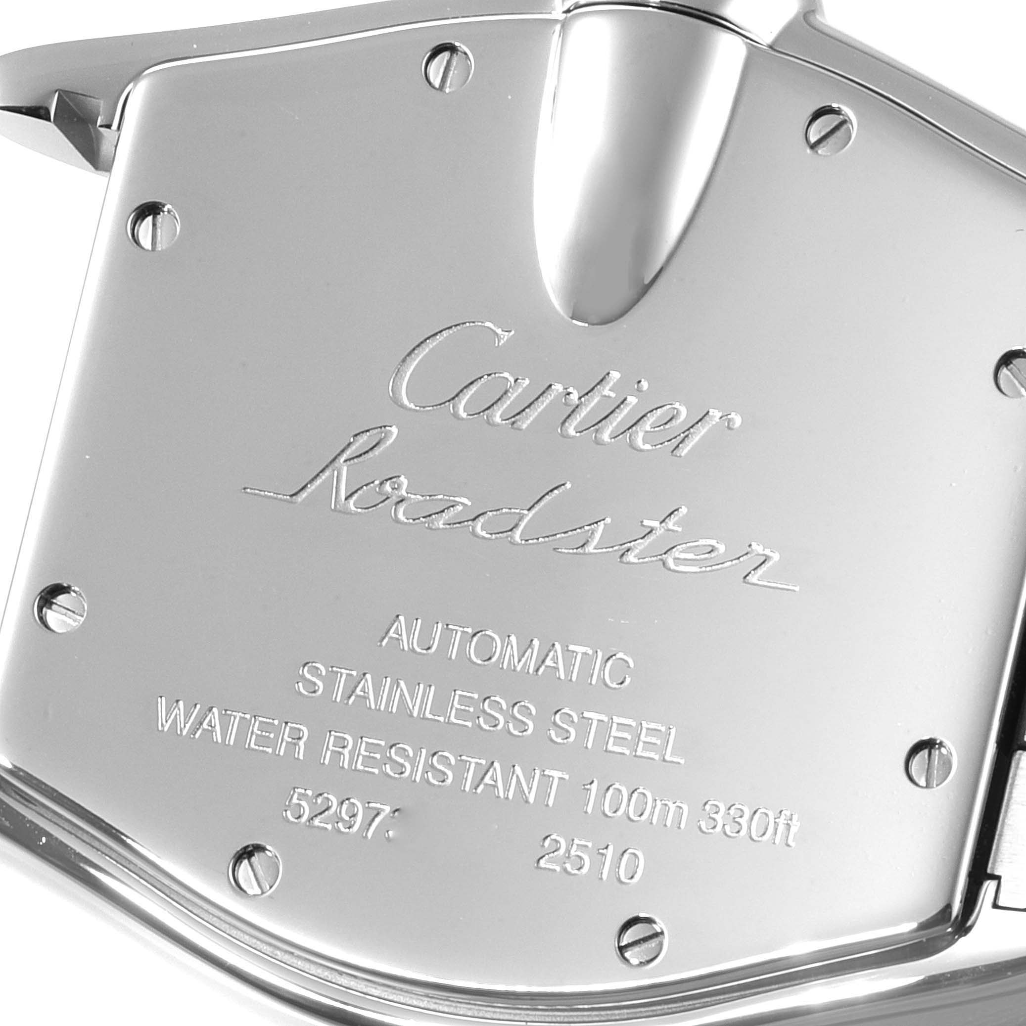 This is a close-up of the back case of a Cartier Roadster W62025V3 Men
s Stainless Steel Silver Dial W62025V3 Men
s Stainless Steel Silver Dial watch, displaying its branding and specifications.