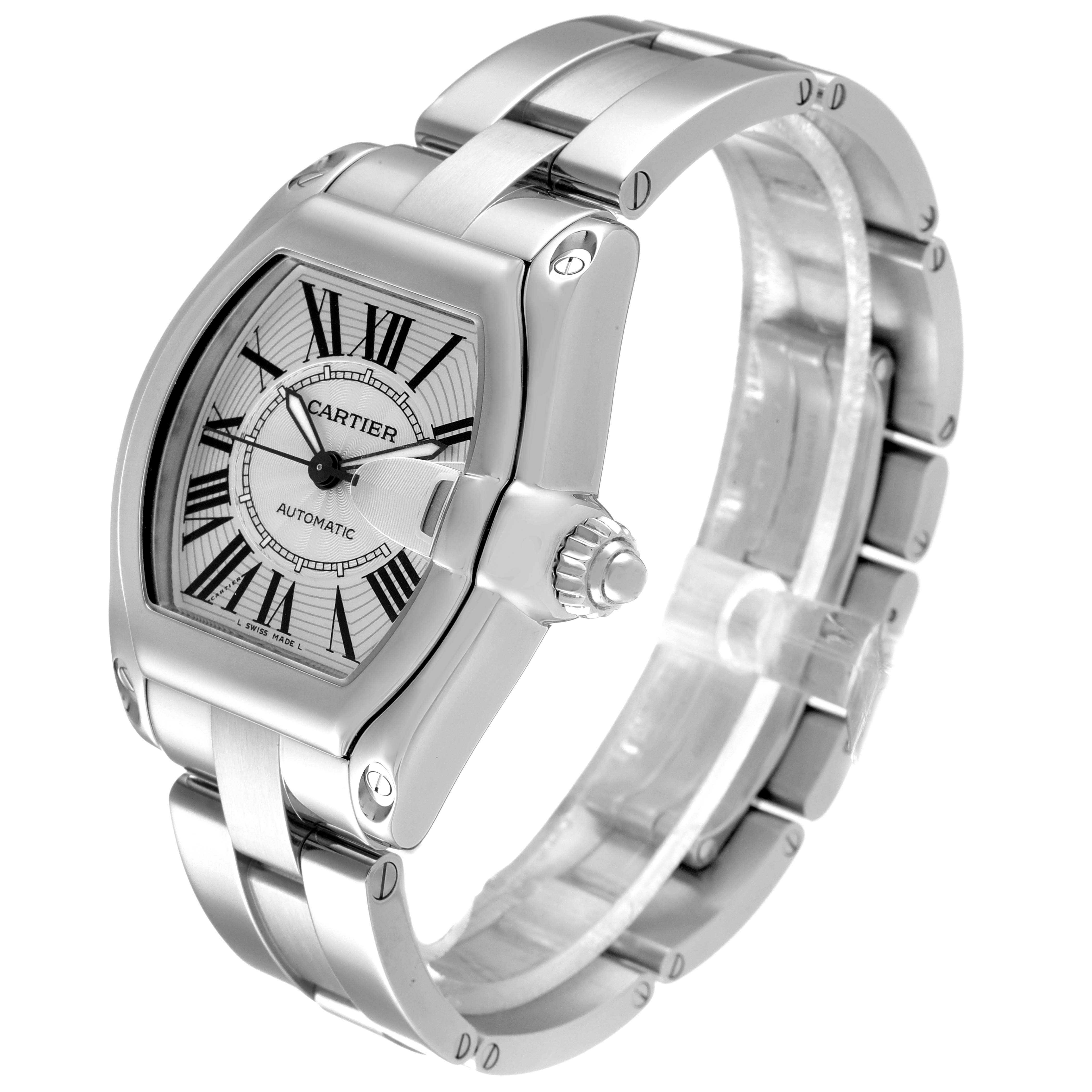 The Cartier Roadster W62025V3 Men
s Stainless Steel Silver Dial W62025V3 Men
s Stainless Steel Silver Dial watch is shown from a diagonal angle, highlighting the face, bezel, and part of the bracelet.