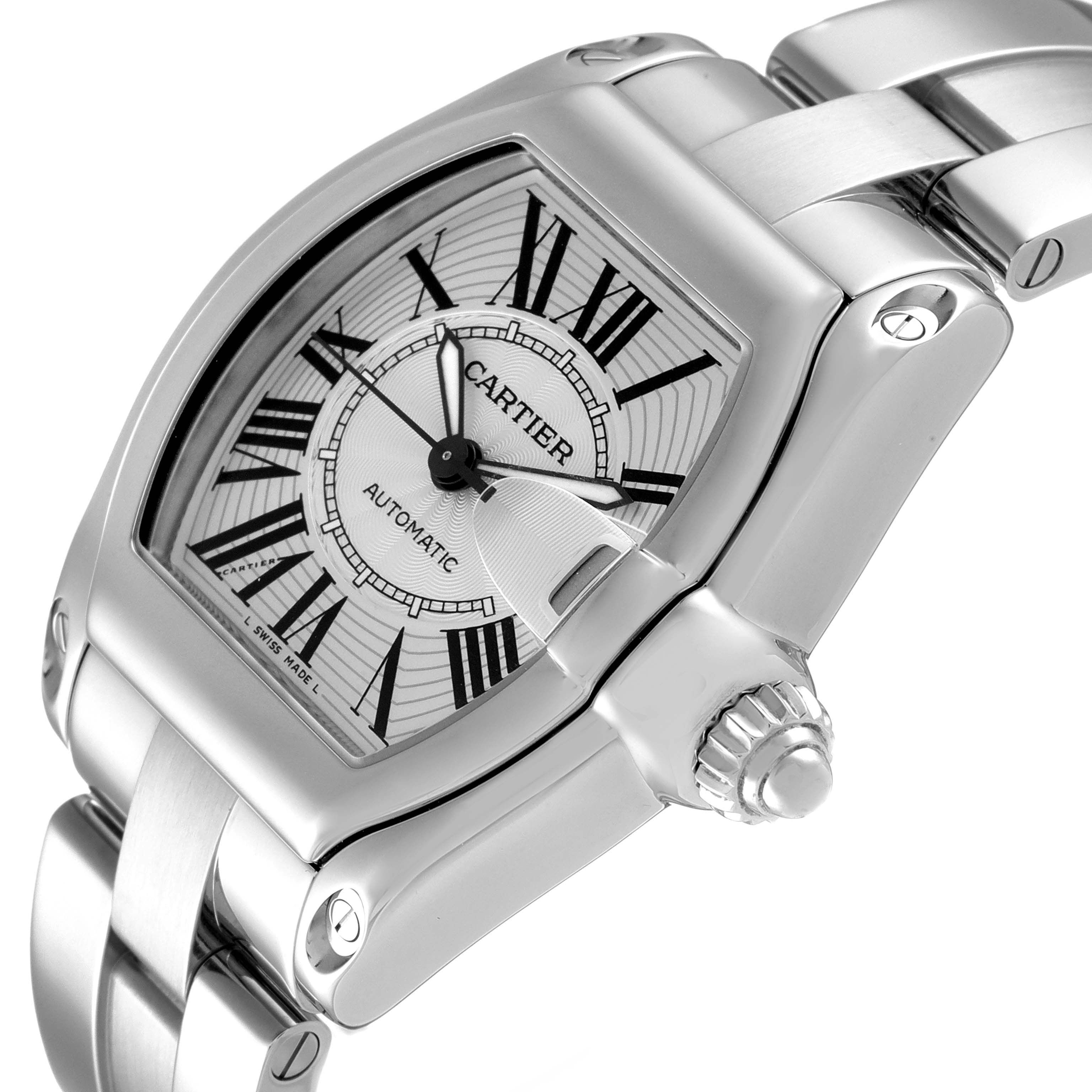 The image shows a close-up view of the Cartier Roadster W62025V3 Men
s Stainless Steel Silver Dial W62025V3 Men
s Stainless Steel Silver Dial watch, highlighting the dial, crown, and part of the bracelet.