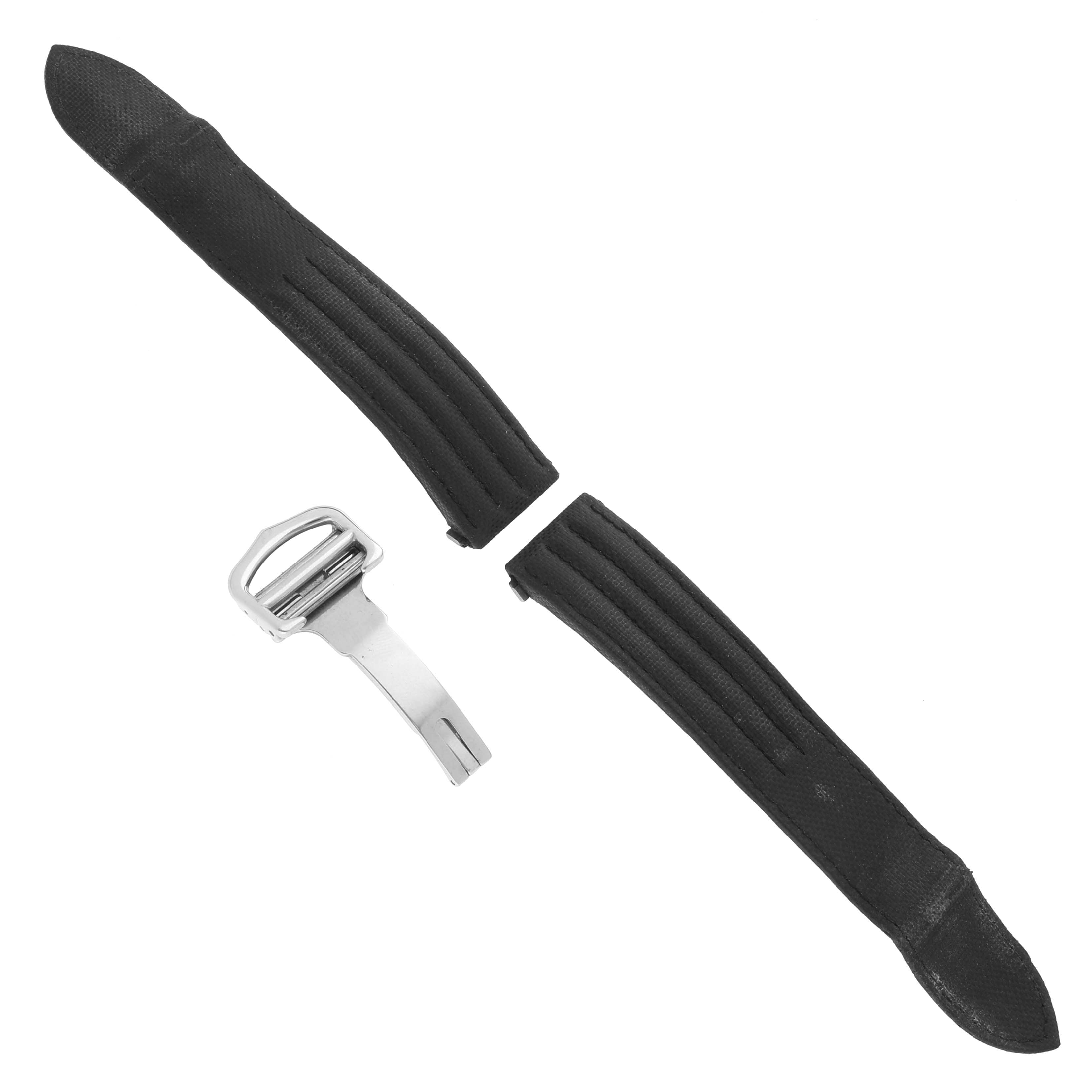 The image shows two black straps and a metal clasp for a Cartier Roadster W62000V3 Men's Stainless Steel Silver Dial W62000V3 Men's Stainless Steel Silver Dial watch.