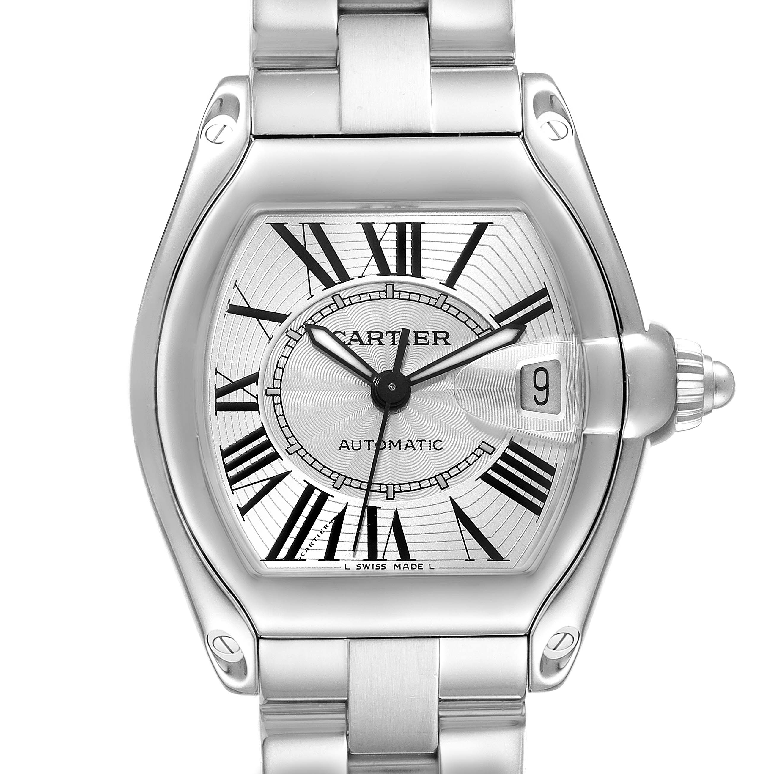 The image shows a close-up of the face and bezel of a Cartier Roadster W62000V3 Men's Stainless Steel Silver Dial W62000V3 Men's Stainless Steel Silver Dial watch, displaying its Roman numerals and date window.