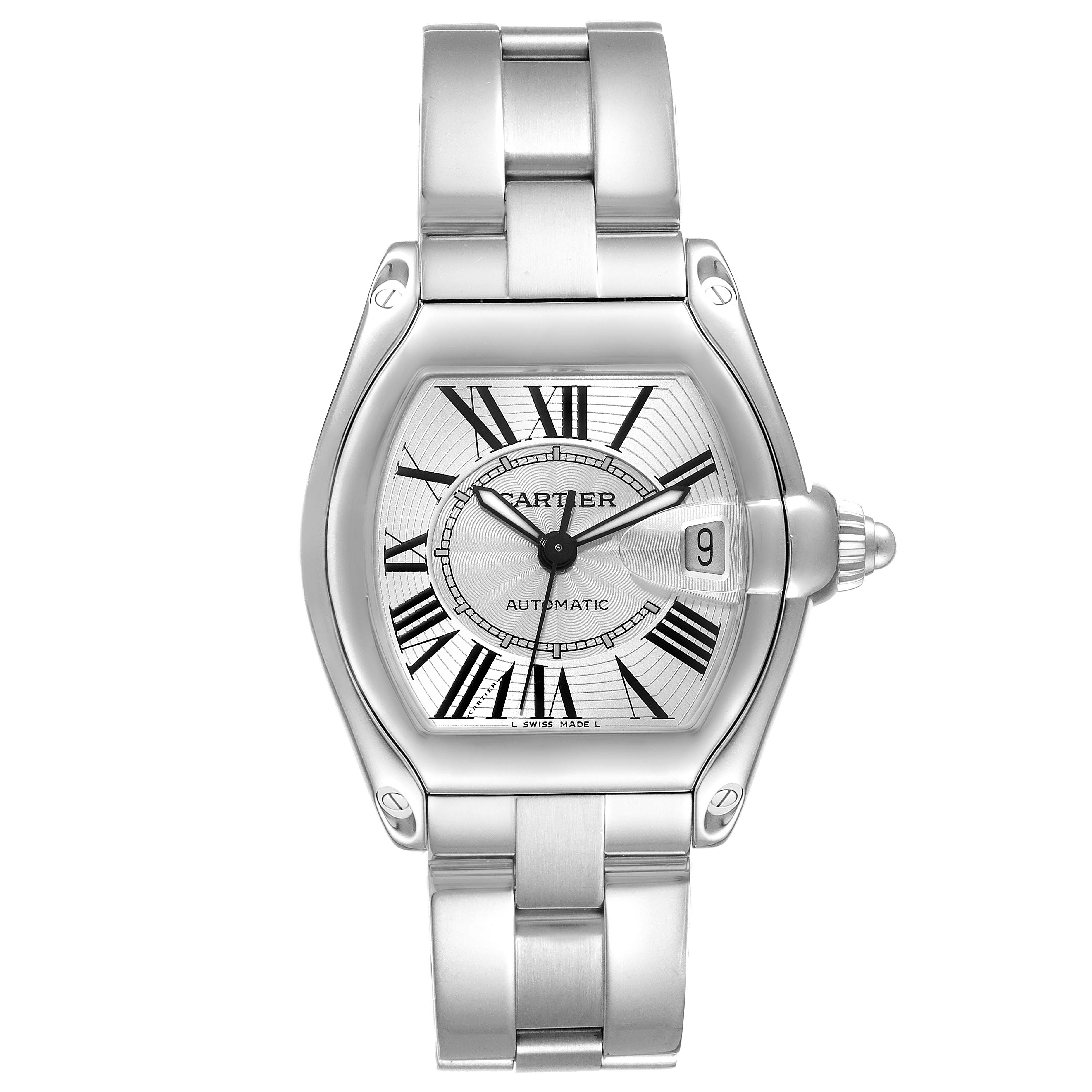 The image shows a Cartier Roadster W62000V3 Men's Stainless Steel Silver Dial W62000V3 Men's Stainless Steel Silver Dial watch, viewed from the front, displaying its dial, bracelet, and crown.
