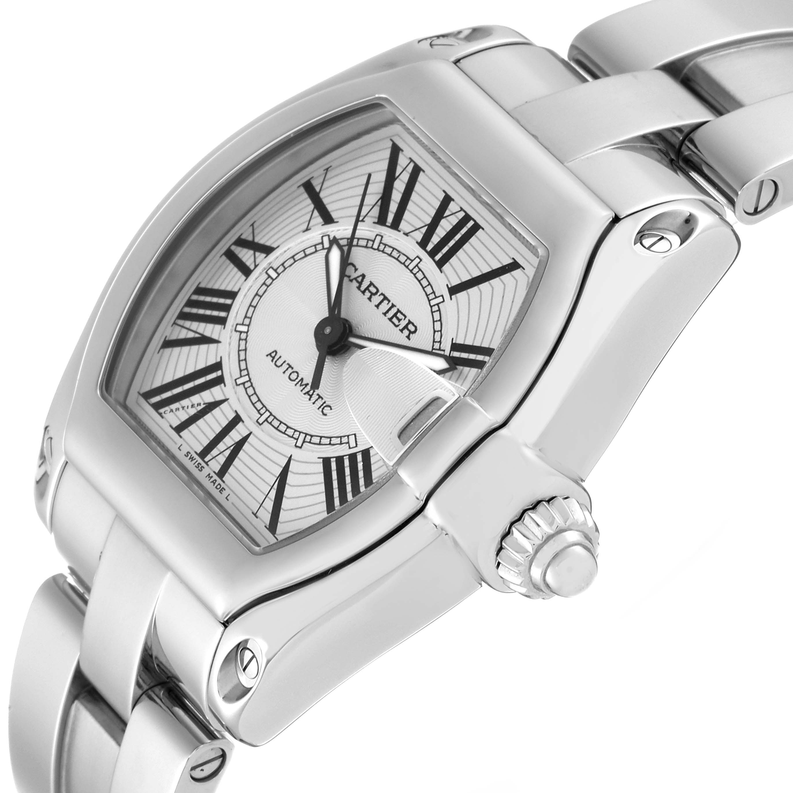 This image shows a Cartier Roadster W62000V3 Men's Stainless Steel Silver Dial W62000V3 Men's Stainless Steel Silver Dial watch angled from the front-left, highlighting the dial, crown, and part of the bracelet.
