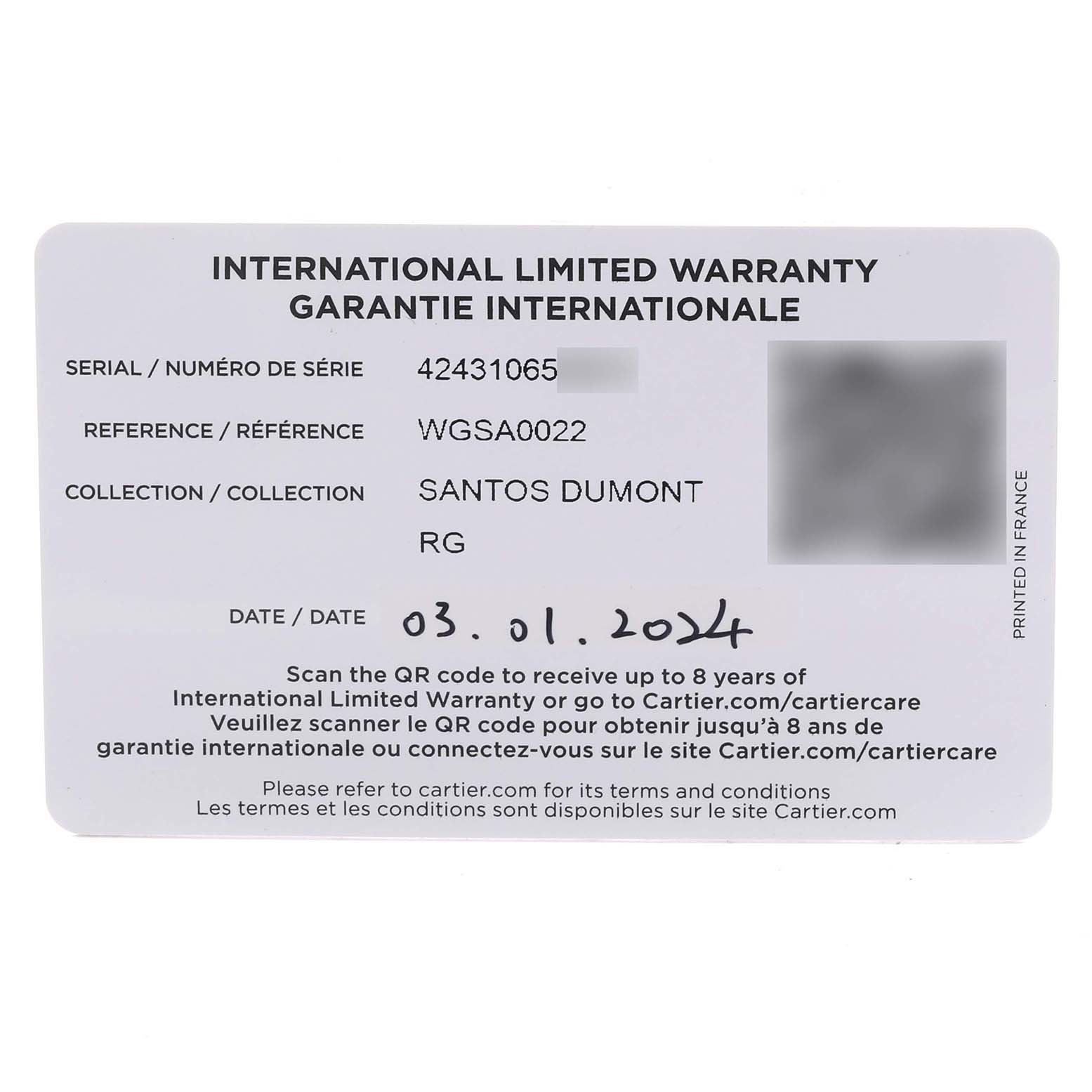 The image shows the warranty card for the Cartier Santos Dumont WGSA0022 Men
s Rose Gold Silver Dial WGSA0022 Men
s Rose Gold Silver Dial watch, displaying serial, reference numbers, and collection details.
