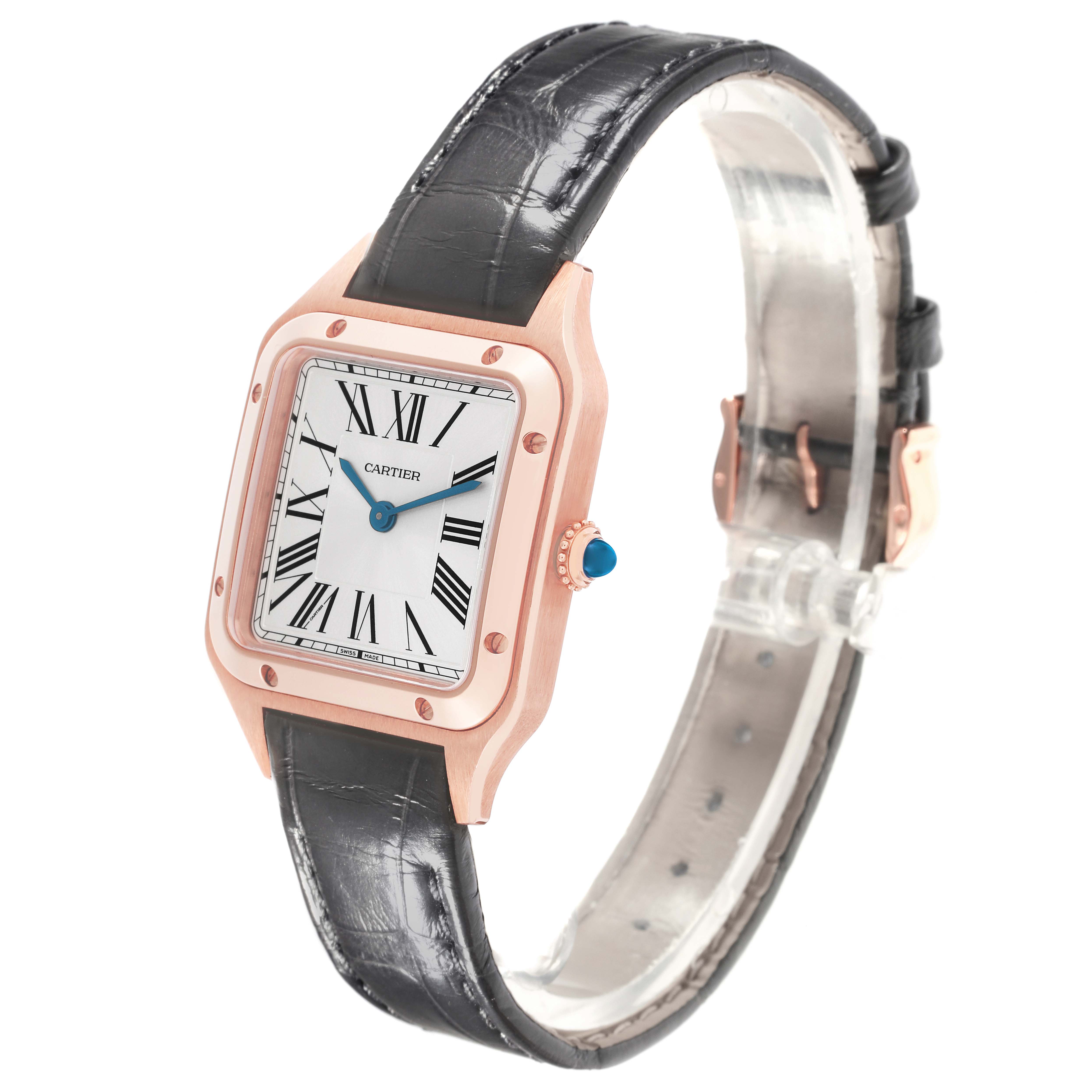 The Cartier Santos Dumont WGSA0022 Men
s Rose Gold Silver Dial WGSA0022 Men
s Rose Gold Silver Dial watch is shown at a three-quarter angle, displaying the face, bezel, crown, and leather strap.