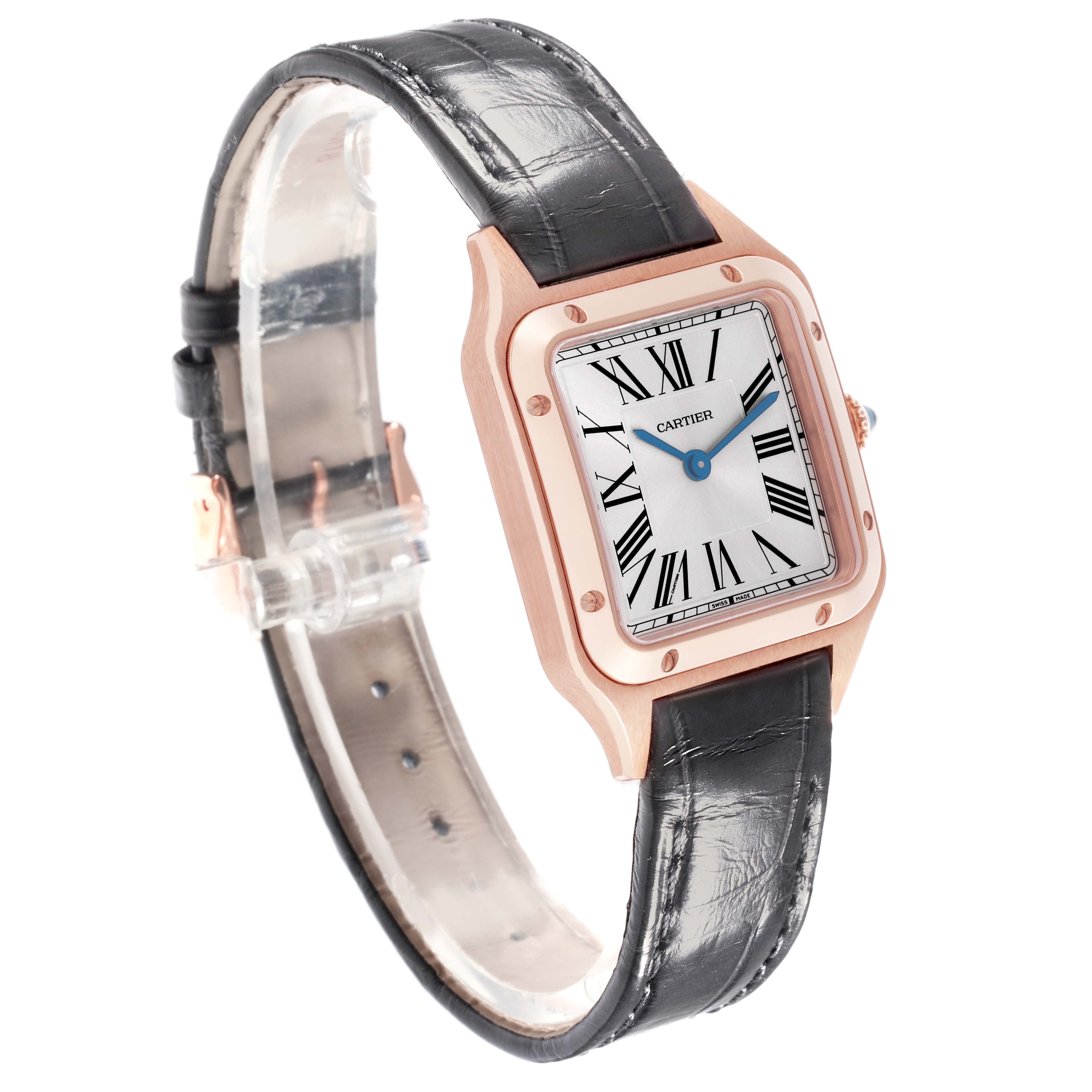 The Cartier Santos Dumont WGSA0022 Men
s Rose Gold Silver Dial WGSA0022 Men
s Rose Gold Silver Dial watch is shown at an angled side view, highlighting the face, case, and black leather strap.