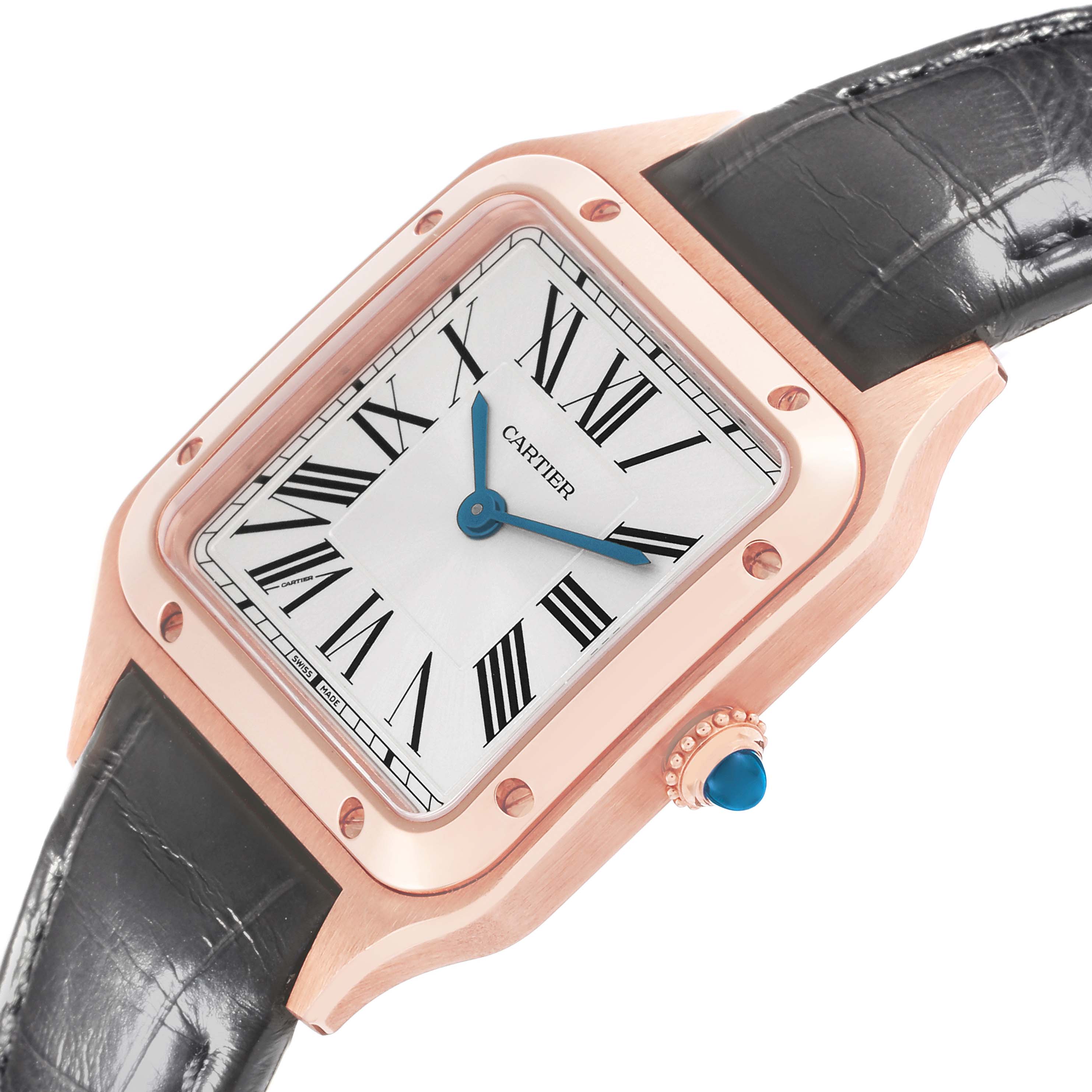 The Cartier Santos Dumont WGSA0022 Men
s Rose Gold Silver Dial WGSA0022 Men
s Rose Gold Silver Dial watch is shown at an angled view, highlighting its face, rose gold case, bezel, crown, and leather strap.
