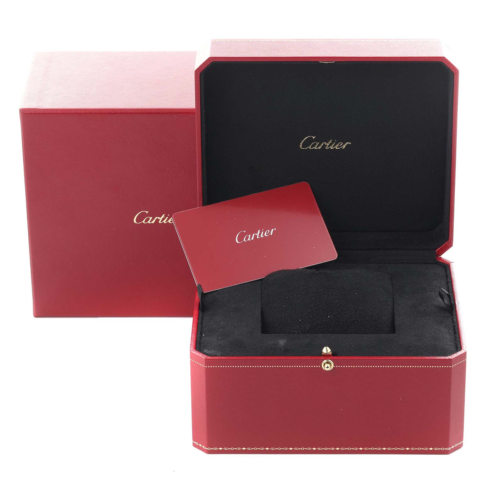 The image shows a Cartier Santos Dumont WGSA0022 Men
s Rose Gold Silver Dial WGSA0022 Men
s Rose Gold Silver Dial watch box, seen from the front, with an open lid and accompanying card.