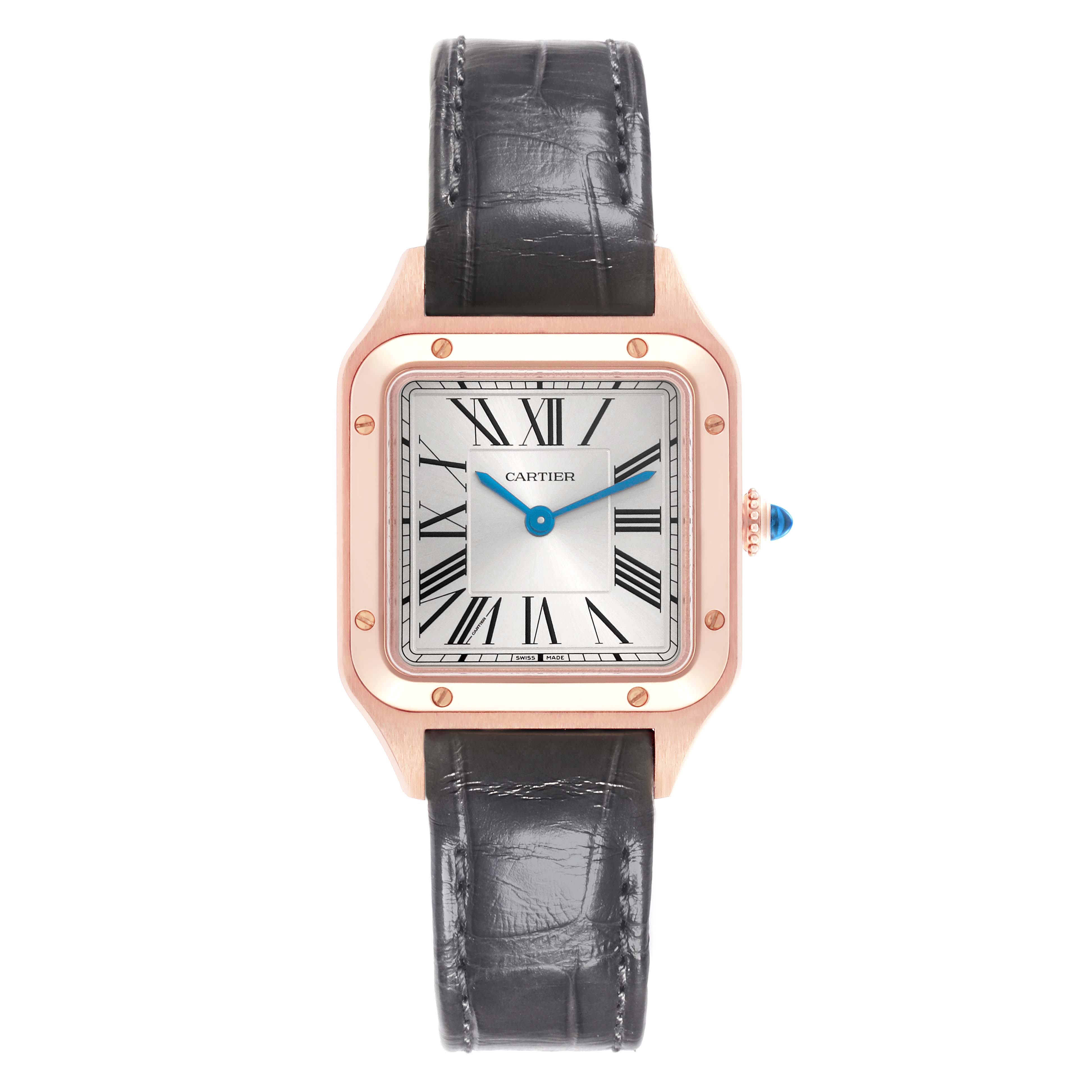 The Cartier Santos Dumont WGSA0022 Men
s Rose Gold Silver Dial WGSA0022 Men
s Rose Gold Silver Dial watch is shown from a top-down angle, featuring the face, bezel, crown, and leather strap.