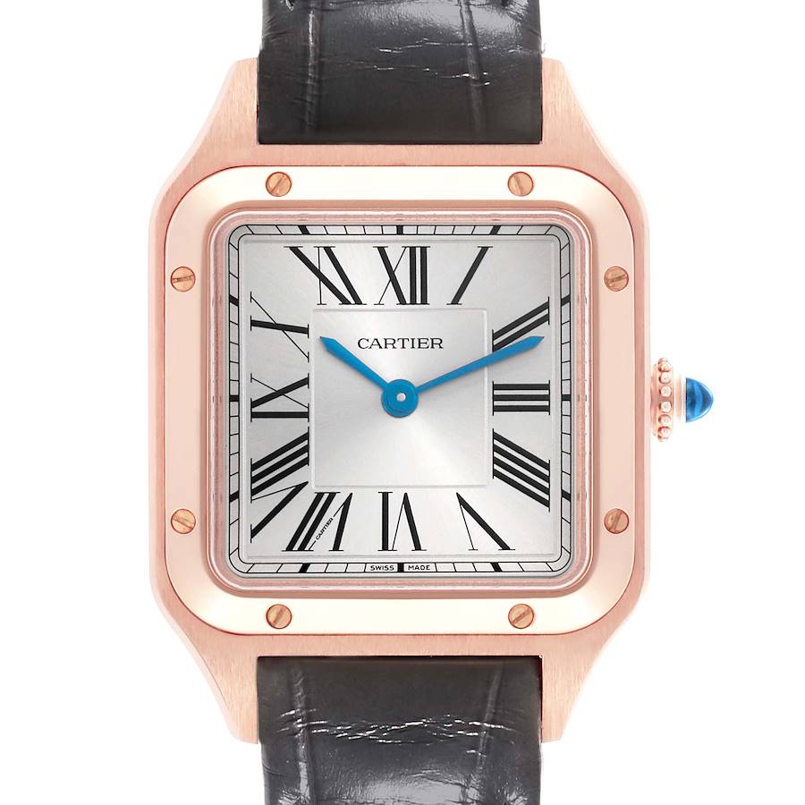 The Cartier Santos Dumont watch is shown from the front, highlighting its square face, Roman numerals, and blue hands.