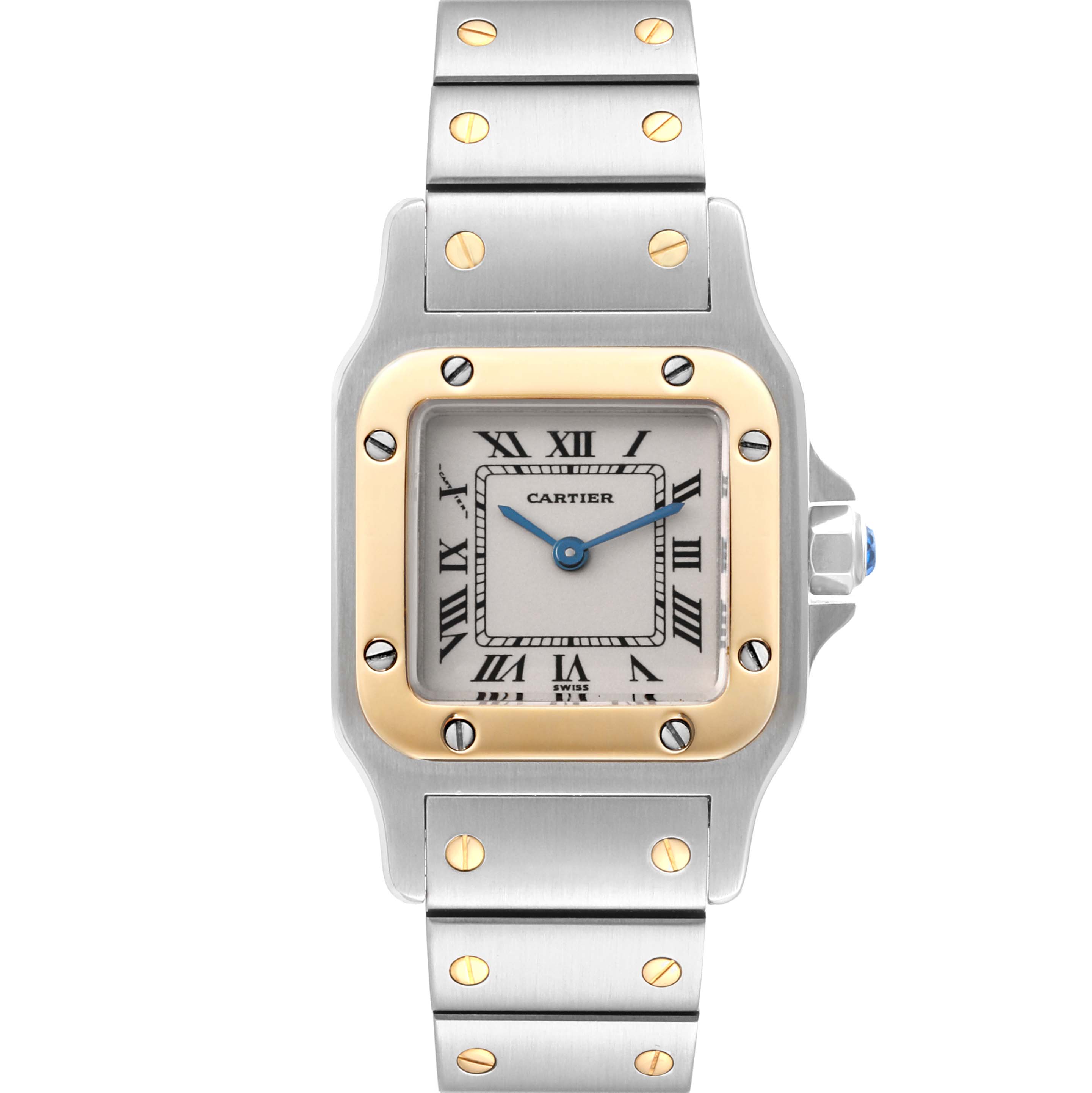 The Cartier Santos W20012C4 Women's Steel and Gold (two tone) Silver Dial W20012C4 Women's Steel and Gold (two tone) Silver Dial watch is shown from a front angle, highlighting its square face, Roman numerals, and metal strap with gold screws.