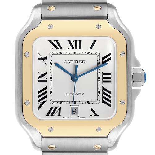 Photo of Cartier Santos Large Silver Dial Steel Yellow Gold Mens Watch W2SA0006 Card
