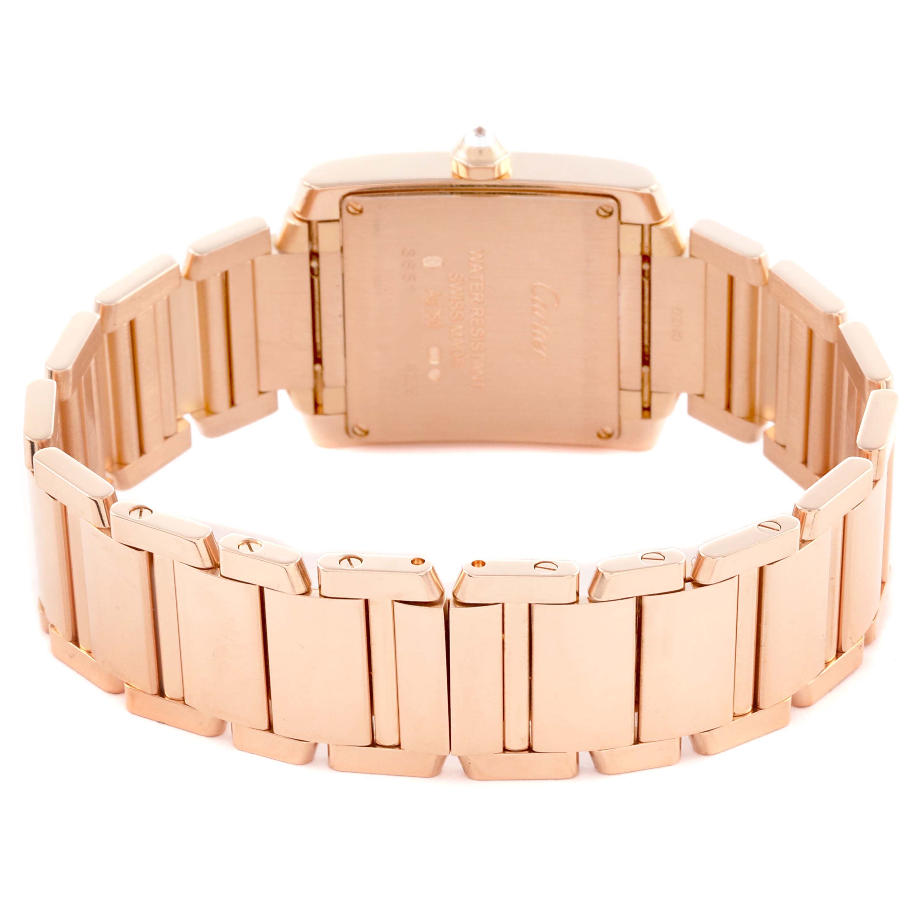 The Cartier Tank Francaise WJTA0023 Women's Rose Gold Silver Dial WJTA0023 Women's Rose Gold Silver Dial is shown from the back, highlighting the clasp and bracelet links.