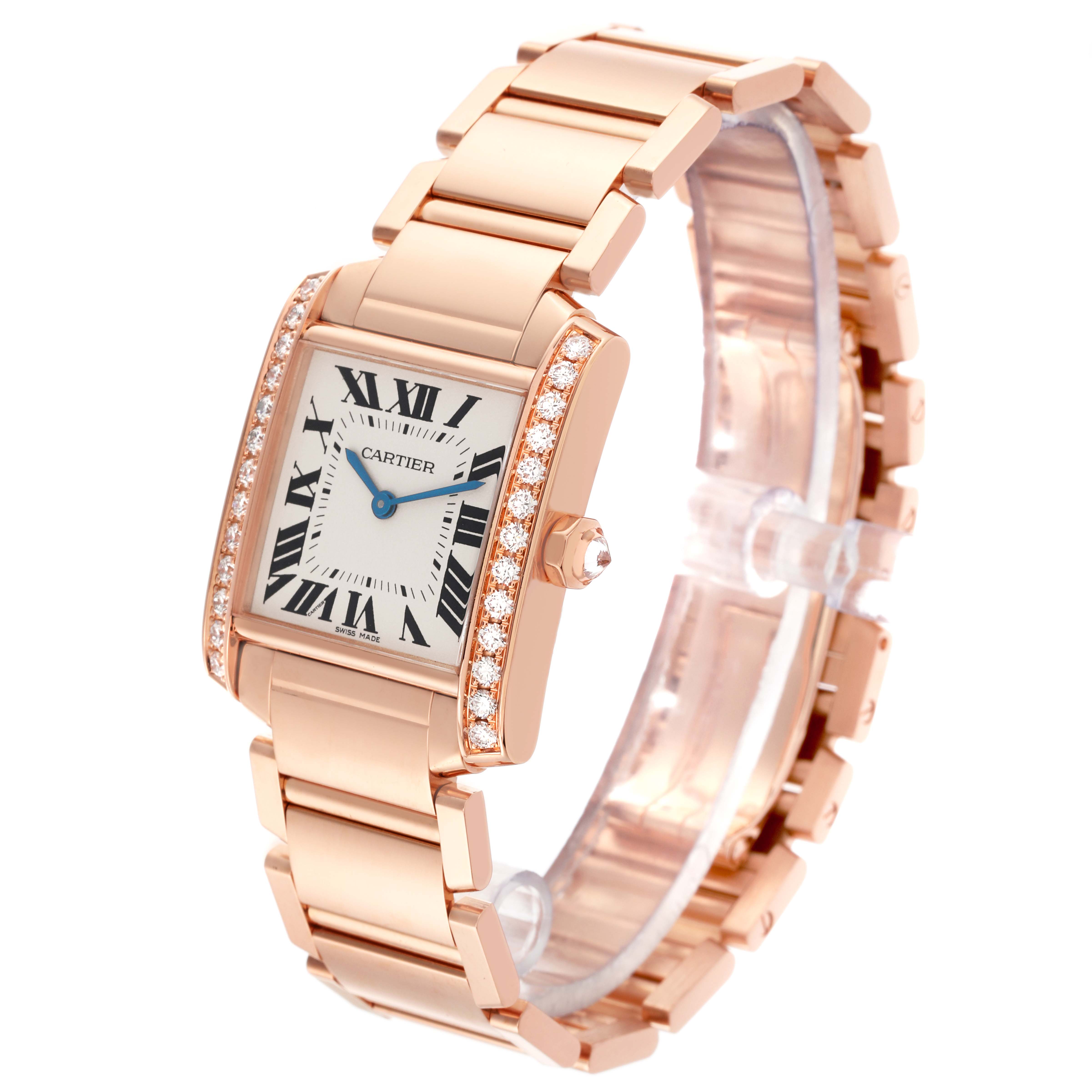 The Cartier Tank Francaise WJTA0023 Women's Rose Gold Silver Dial WJTA0023 Women's Rose Gold Silver Dial watch is shown at a three-quarter angle, displaying its bracelet, case, and diamond-set bezel.