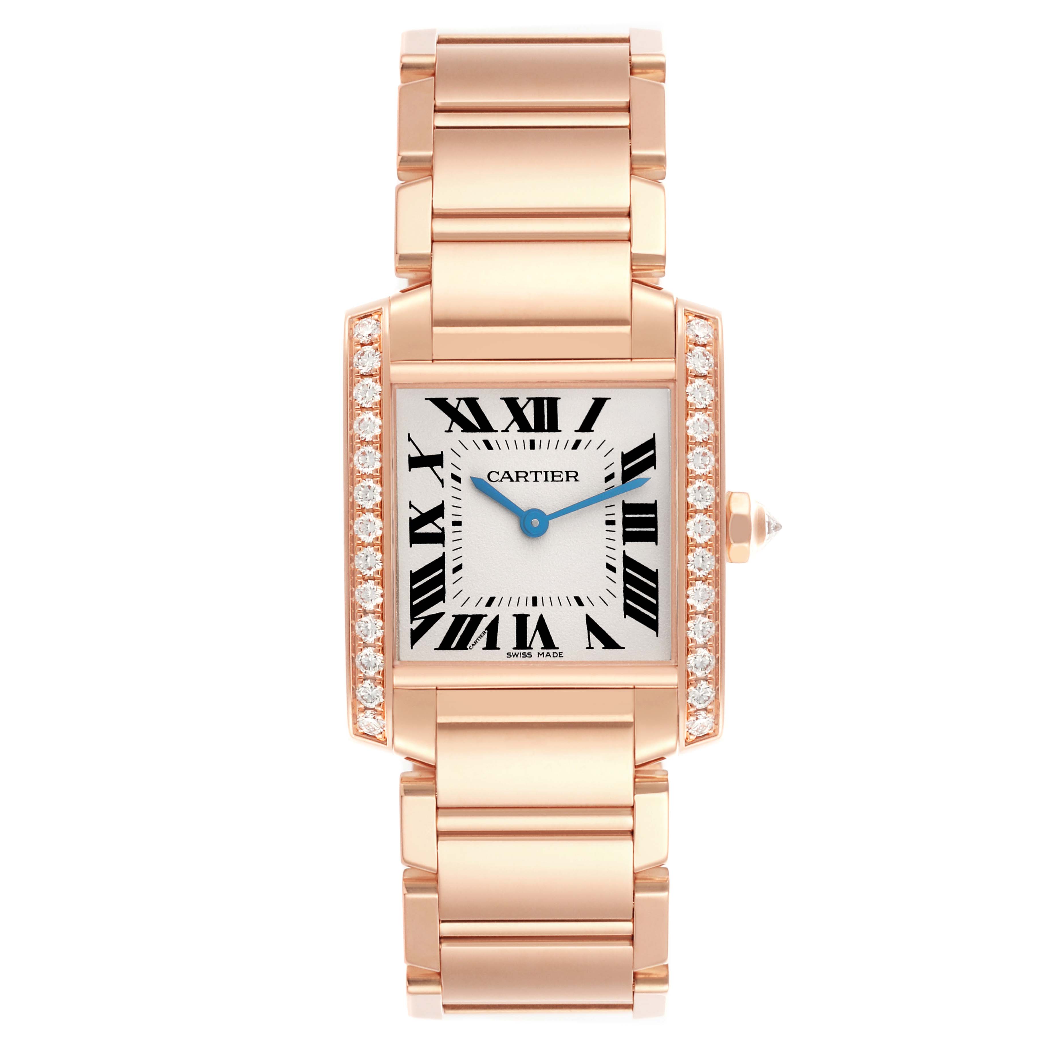 The Cartier Tank Francaise WJTA0023 Women's Rose Gold Silver Dial WJTA0023 Women's Rose Gold Silver Dial watch is shown from a front angle, highlighting its face, diamond-studded bezel, and linked bracelet.