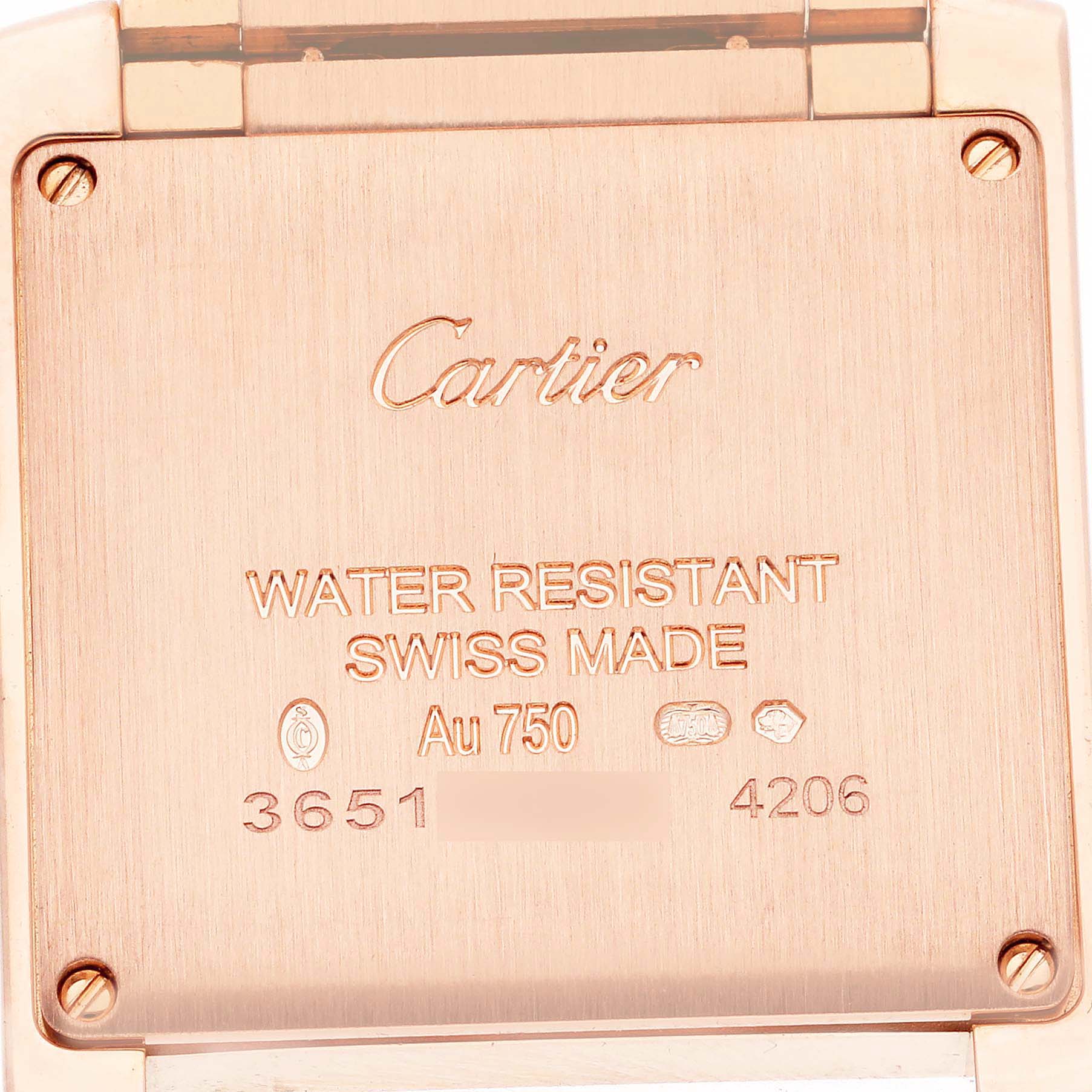 The image shows the back of a Cartier Tank Francaise WJTA0023 Women's Rose Gold Silver Dial WJTA0023 Women's Rose Gold Silver Dial watch, highlighting engraving and specifications.