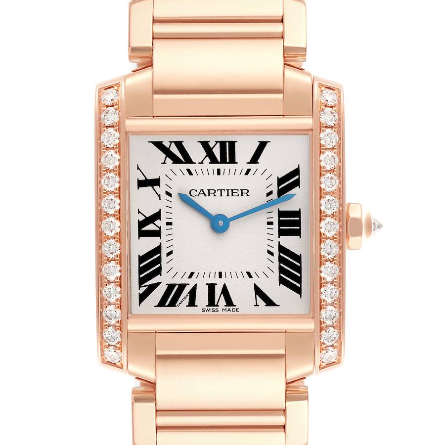 The Cartier Tank Française watch is shown in a frontal view, highlighting its rectangular face, Roman numerals, diamond-set bezel, and bracelet.