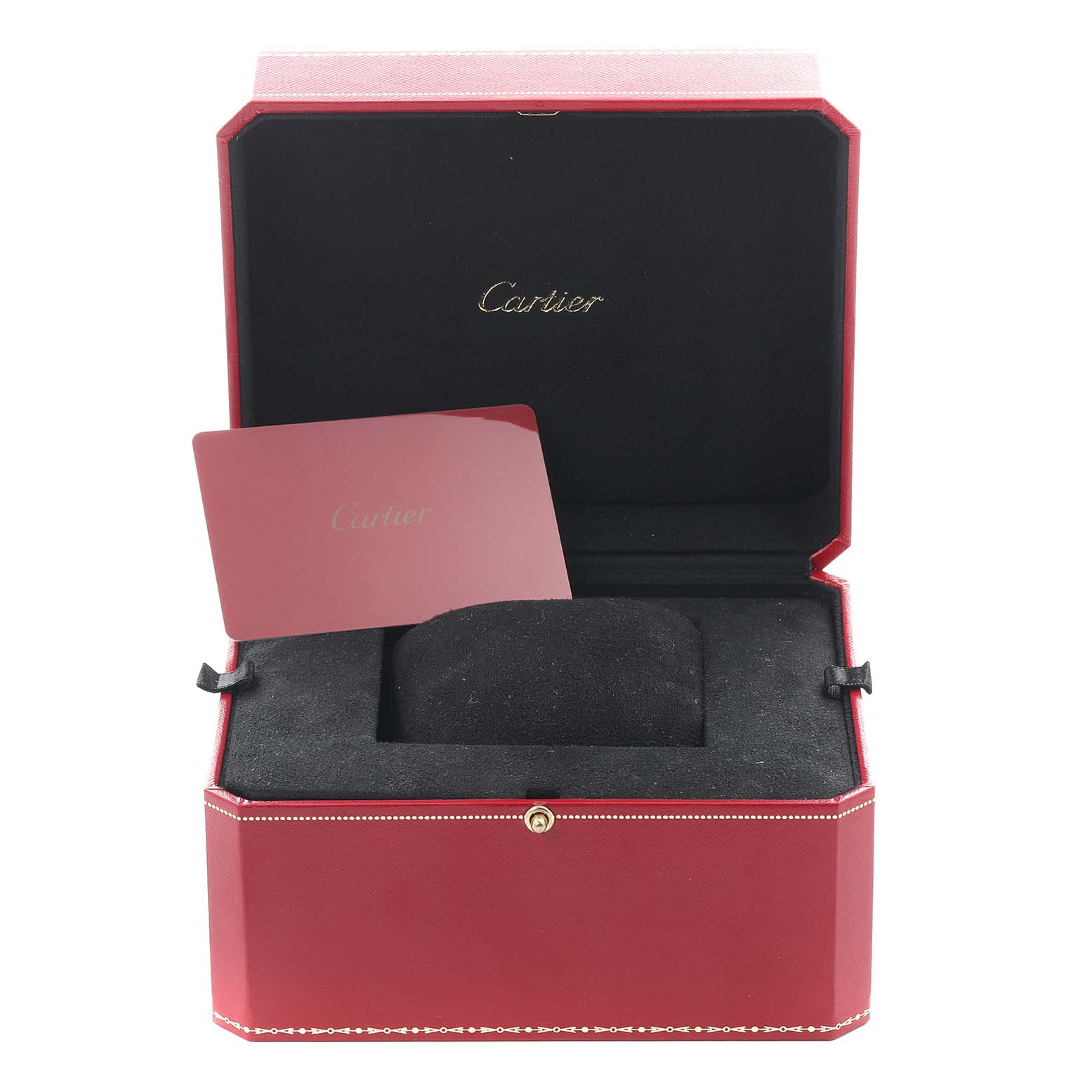 The image shows an open Cartier Tank Française watch box with a red card inside.