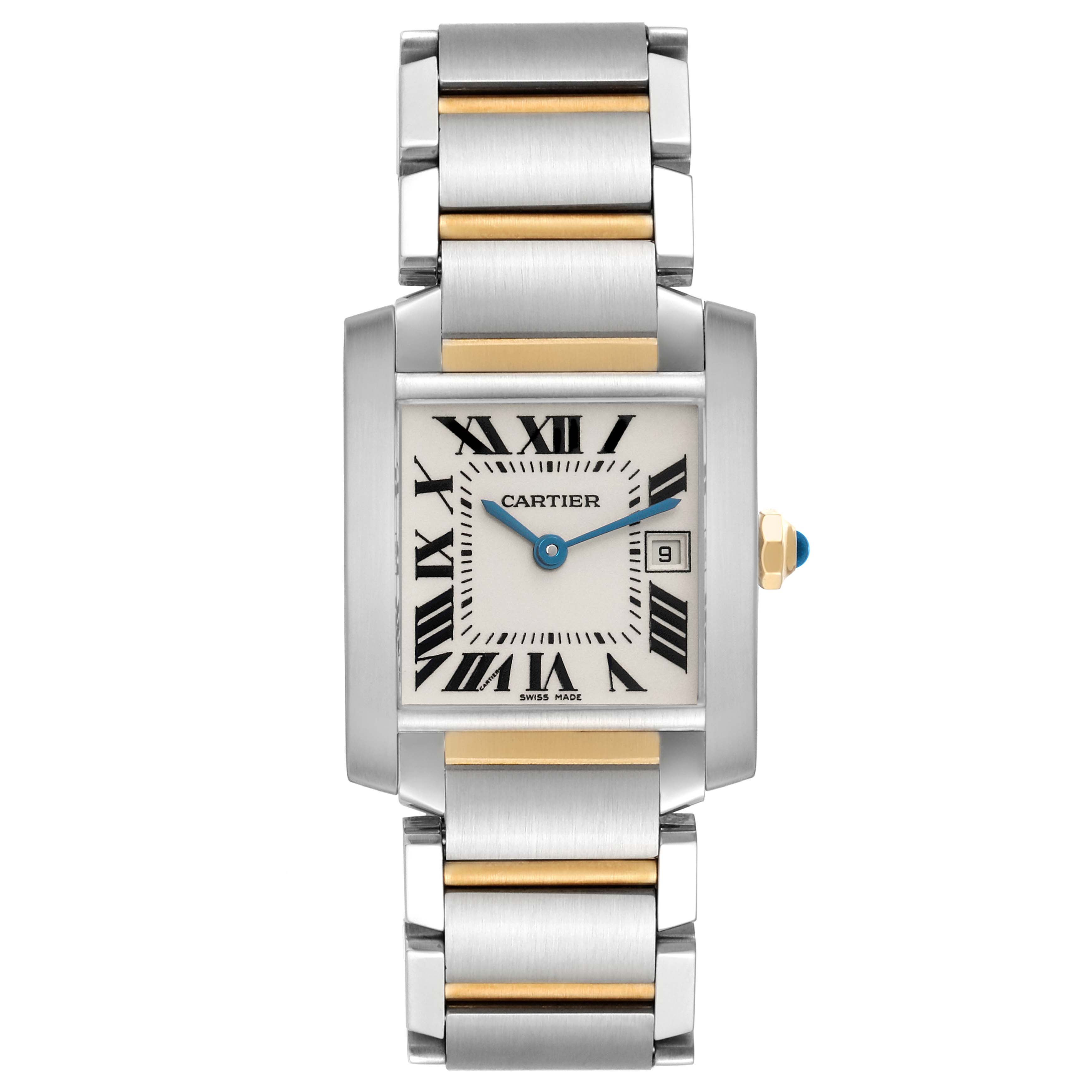 The Cartier Tank Francaise W51012Q4 Women's Steel and Gold (two tone) Silver Dial W51012Q4 Women's Steel and Gold (two tone) Silver Dial watch is shown from a front view, displaying its rectangular face, Roman numerals, and metal bracelet.
