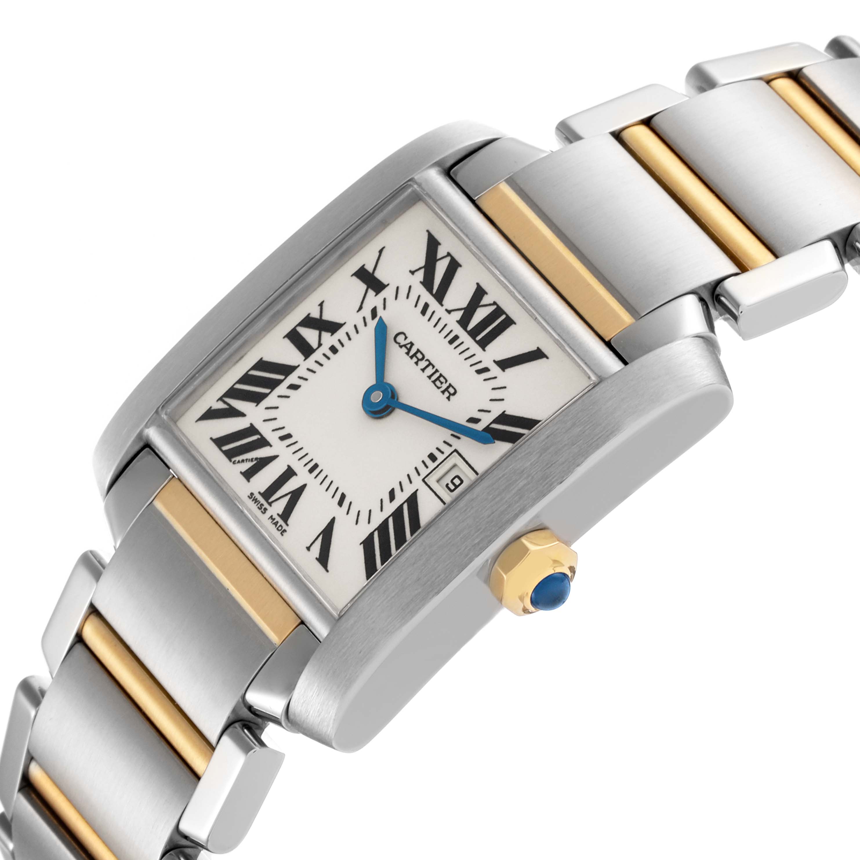 The Cartier Tank Française watch is shown at an angled view displaying the face, crown, and metal bracelet with gold accents.