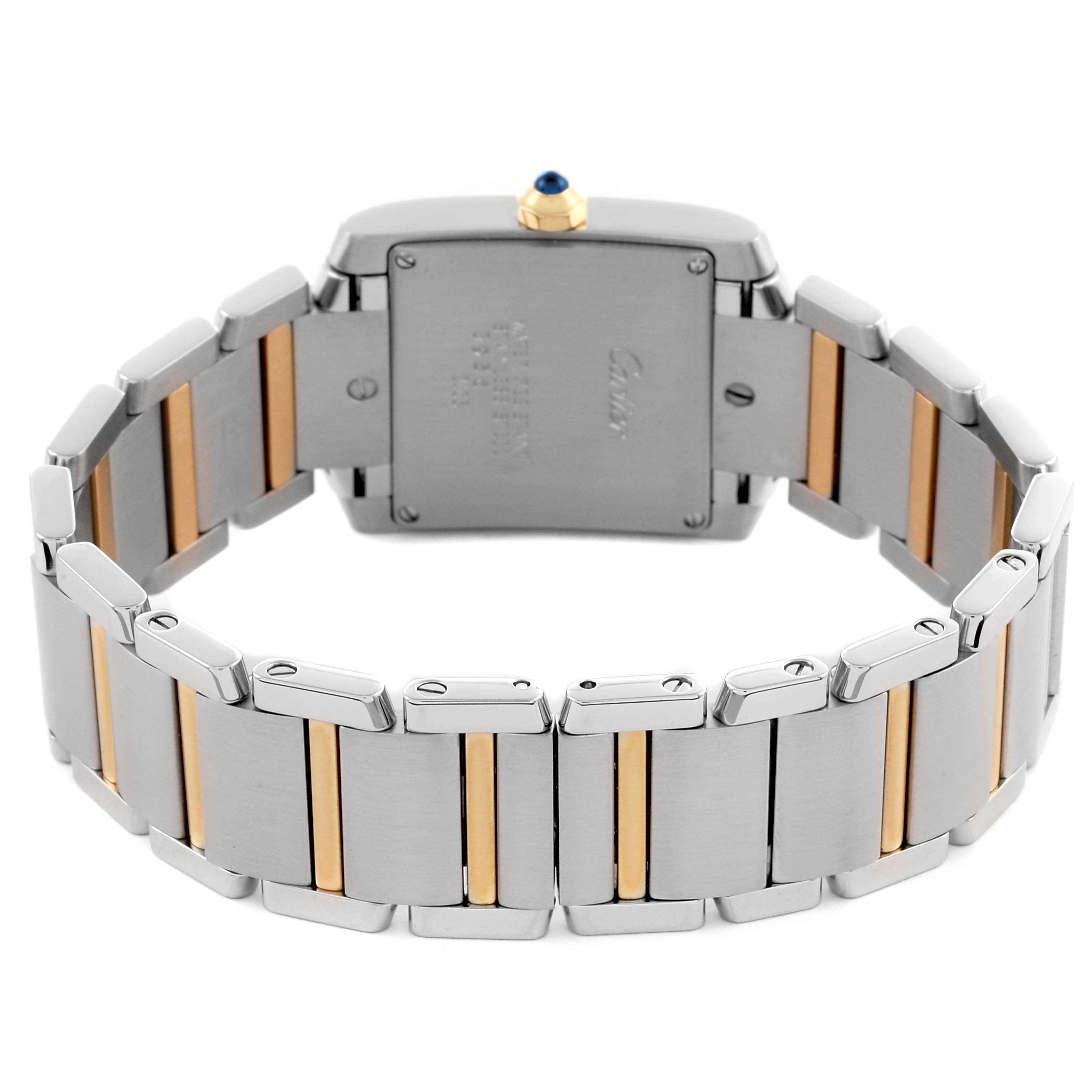 The Cartier Tank Francaise W51012Q4 Women's Steel and Gold (two tone) Silver Dial W51012Q4 Women's Steel and Gold (two tone) Silver Dial watch is shown from the back, highlighting the stainless steel and gold bracelet.