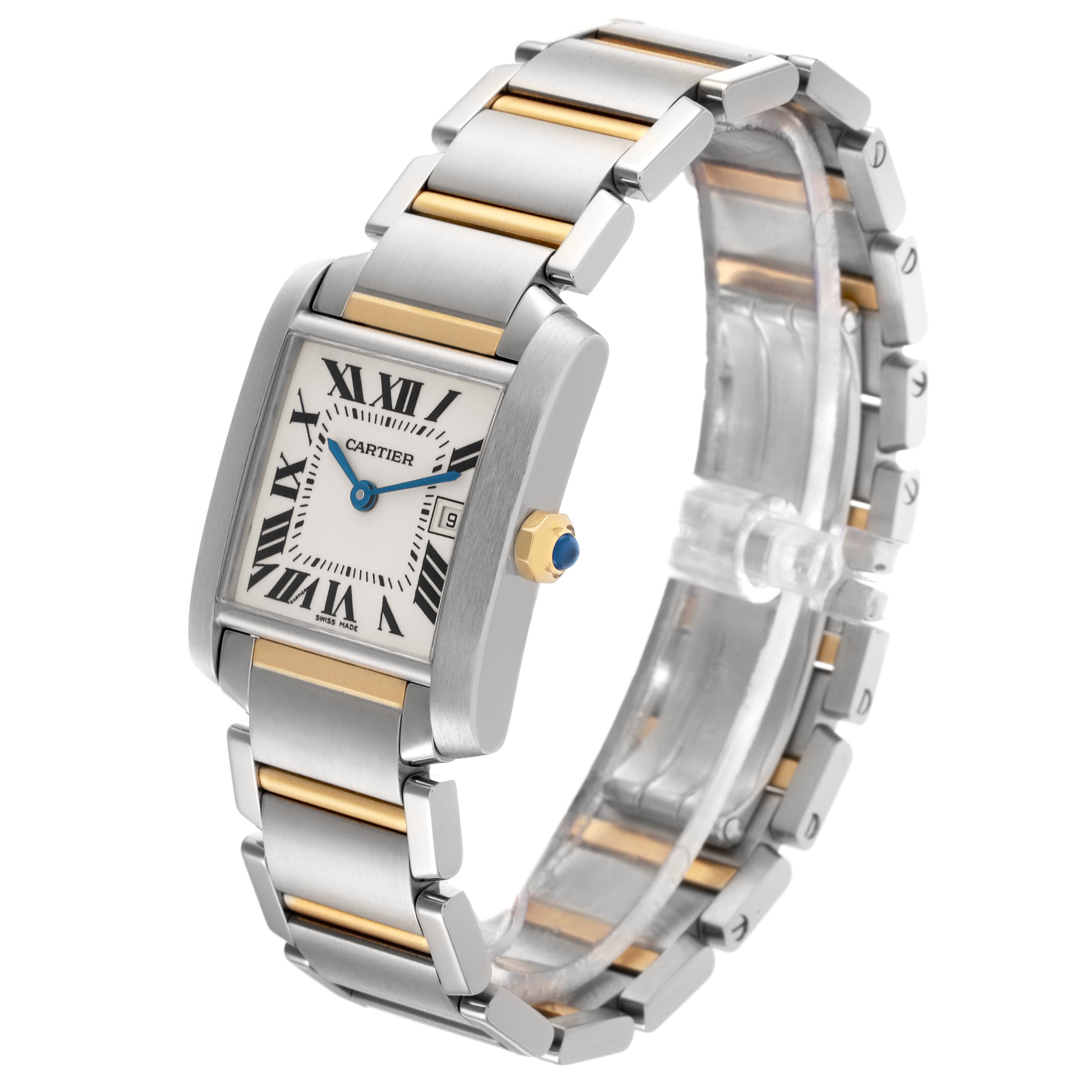 The Cartier Tank Francaise W51012Q4 Women's Steel and Gold (two tone) Silver Dial W51012Q4 Women's Steel and Gold (two tone) Silver Dial watch is shown at a three-quarter angle, highlighting its bracelet, dial, and crown.