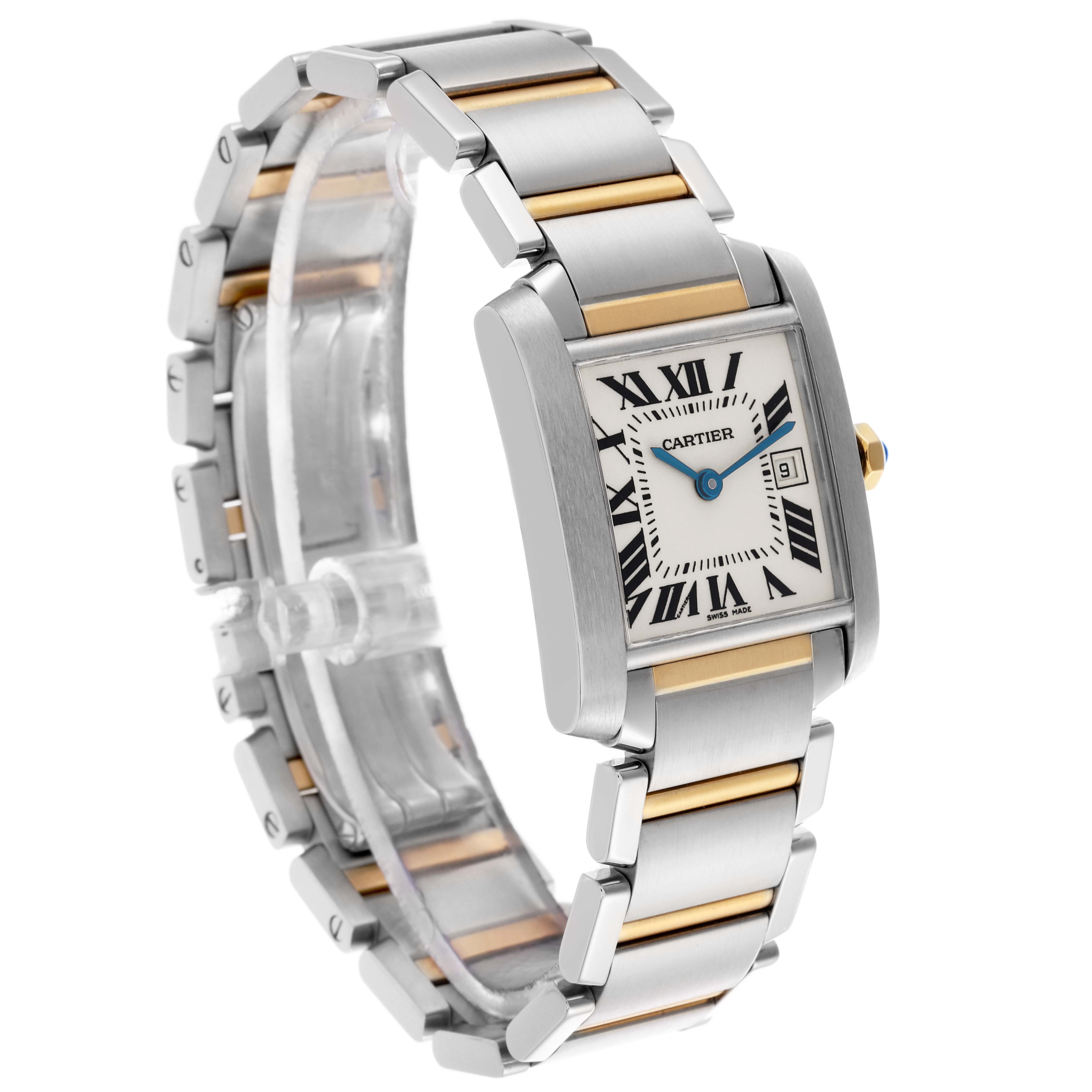 The Cartier Tank Française watch is shown at a slight side angle, displaying the face, bracelet, and part of the clasp.
