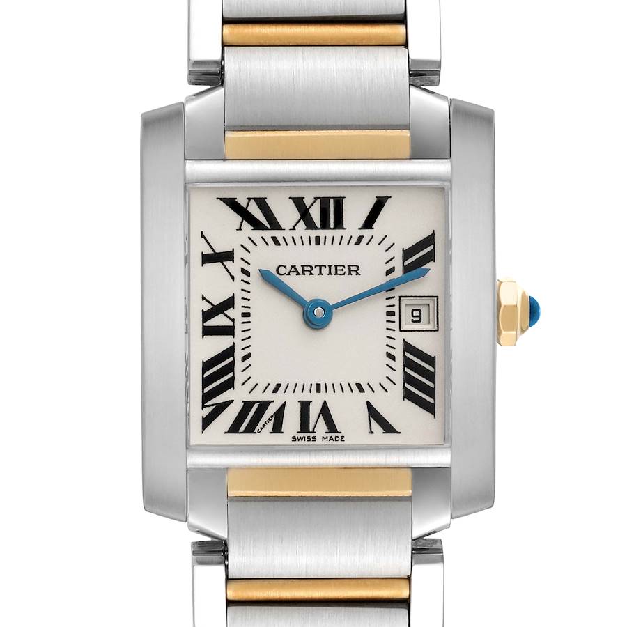 The Cartier Tank Française watch is shown from a front angle, highlighting its rectangular face, Roman numerals, blue hands, metal bracelet, and date window.