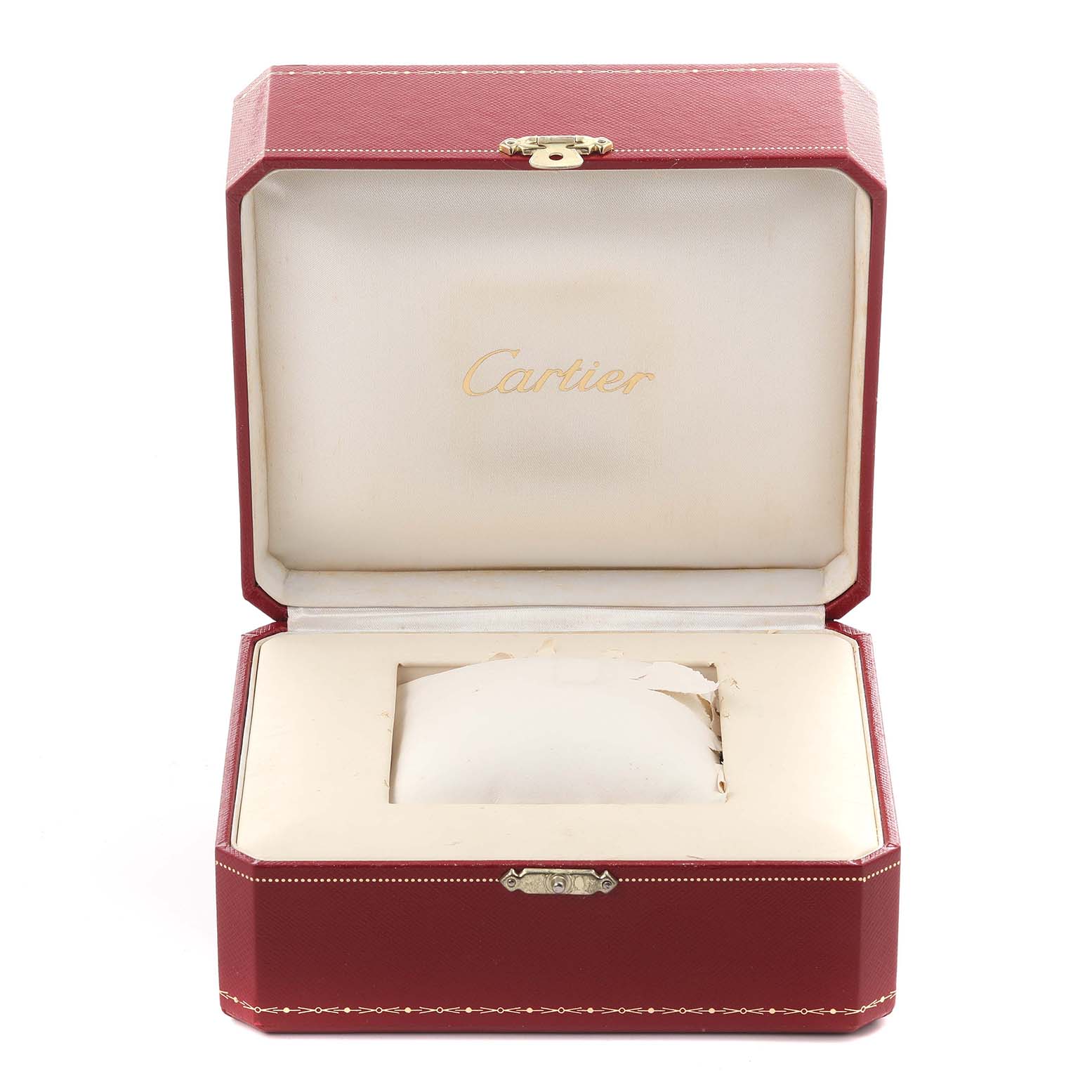 This image shows an open Cartier watch box for the Tank Francaise model, viewed from the front.