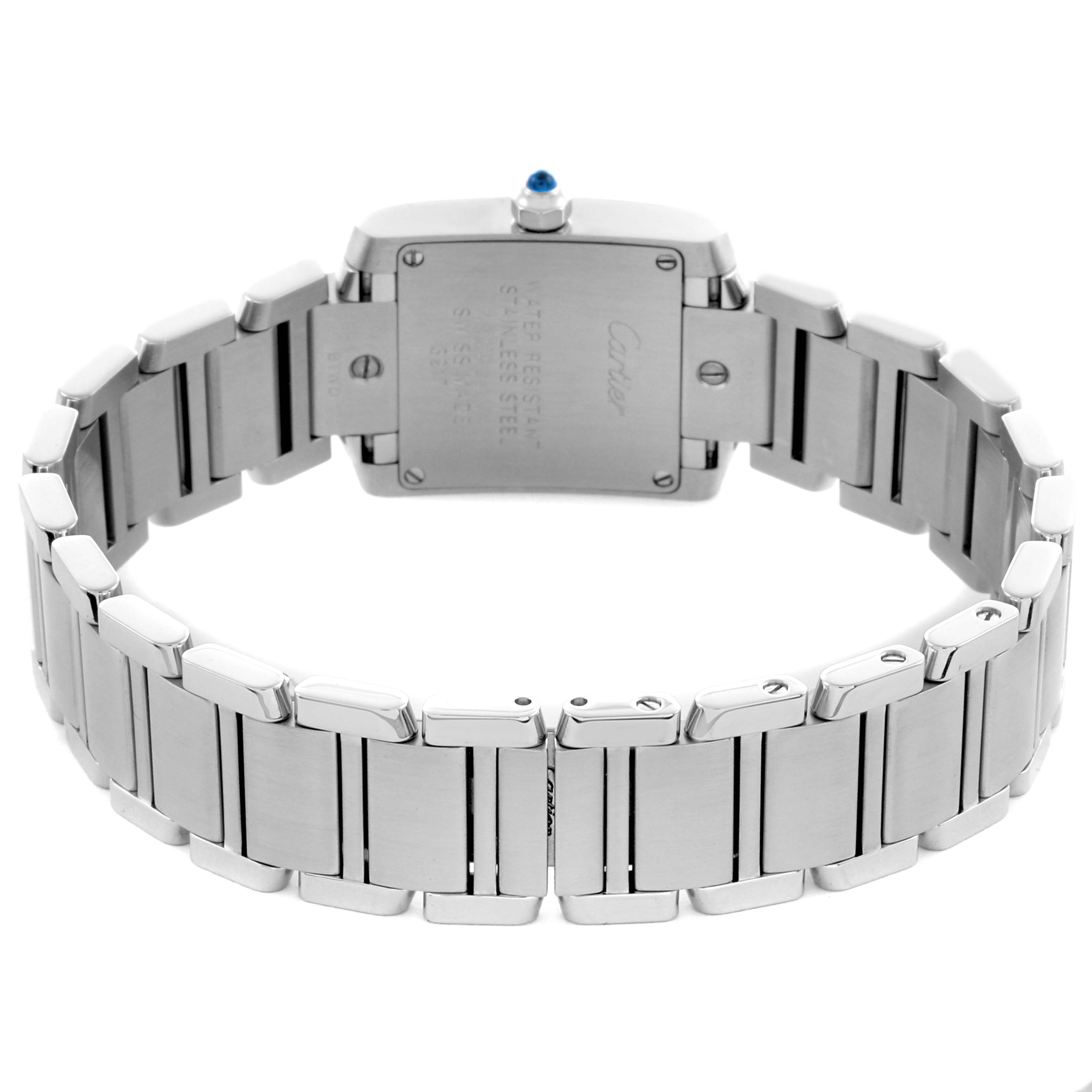 The image shows the back of the Cartier Tank Française watch, displaying the bracelet and caseback.