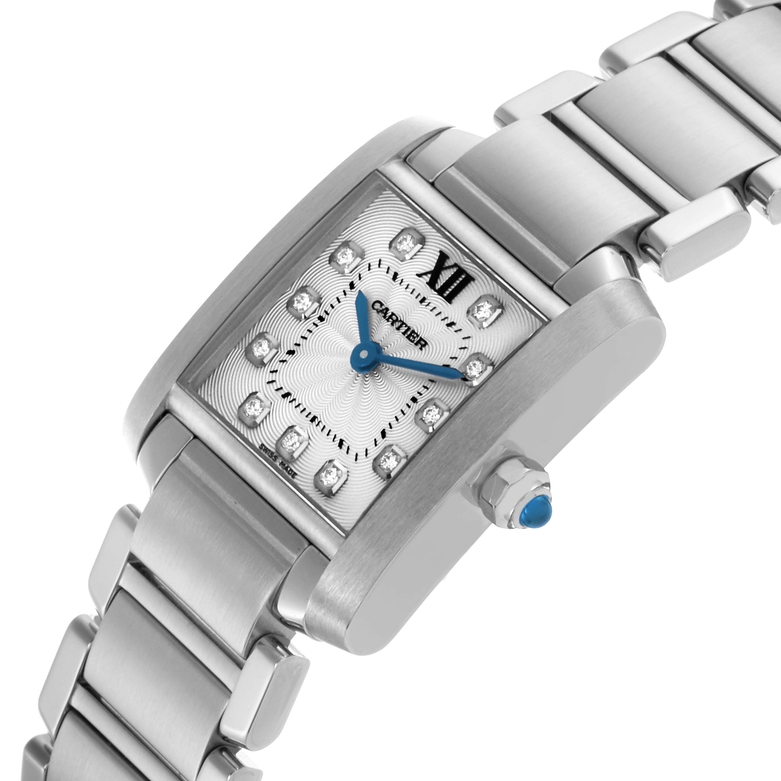 The Cartier Tank Française watch is shown at an angled side view highlighting the rectangular face, crown, and bracelet.