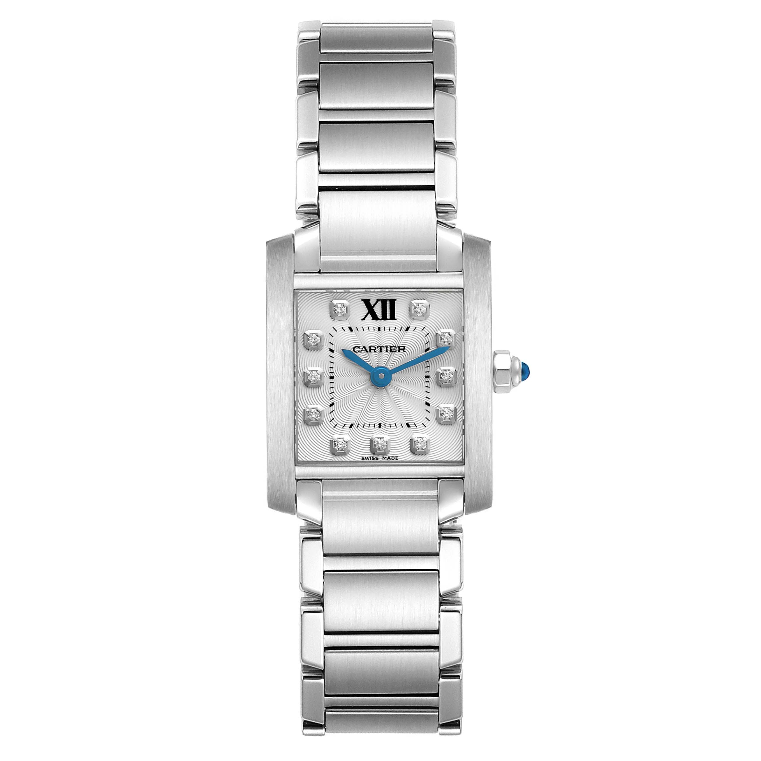 The Cartier Tank Francaise WE110006 Women's Stainless Steel Silver Dial WE110006 Women's Stainless Steel Silver Dial watch is shown from the front, displaying the dial, case, bracelet, and crown.