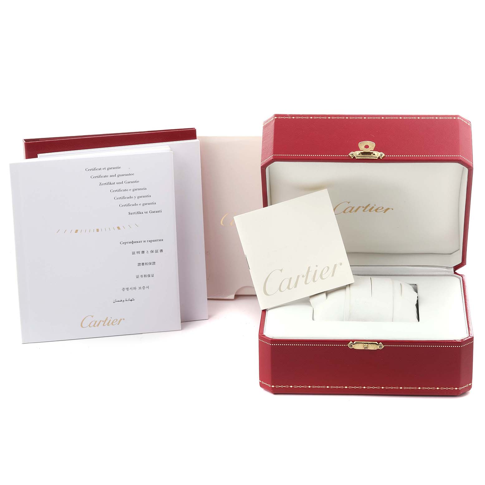 The image shows the Cartier Tank Francaise WE110006 Women's Stainless Steel Silver Dial WE110006 Women's Stainless Steel Silver Dial with its red watch box and documentation angled open.