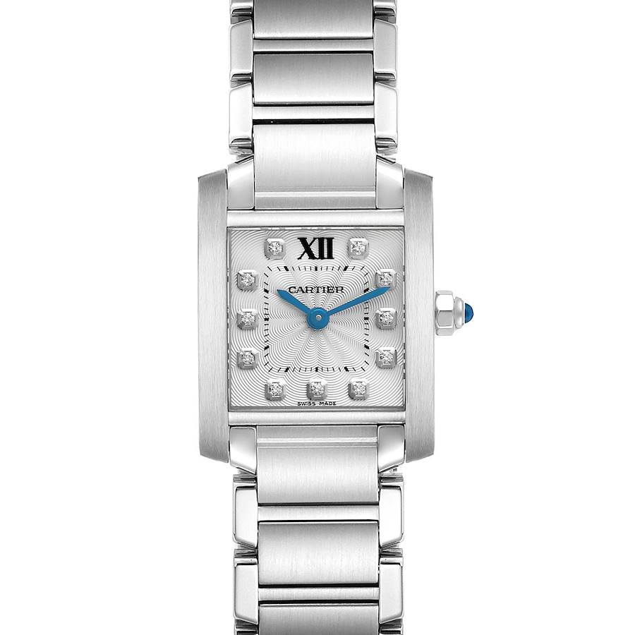 The Cartier Tank Française watch is shown from a front angle, highlighting its face, bracelet, and crown.