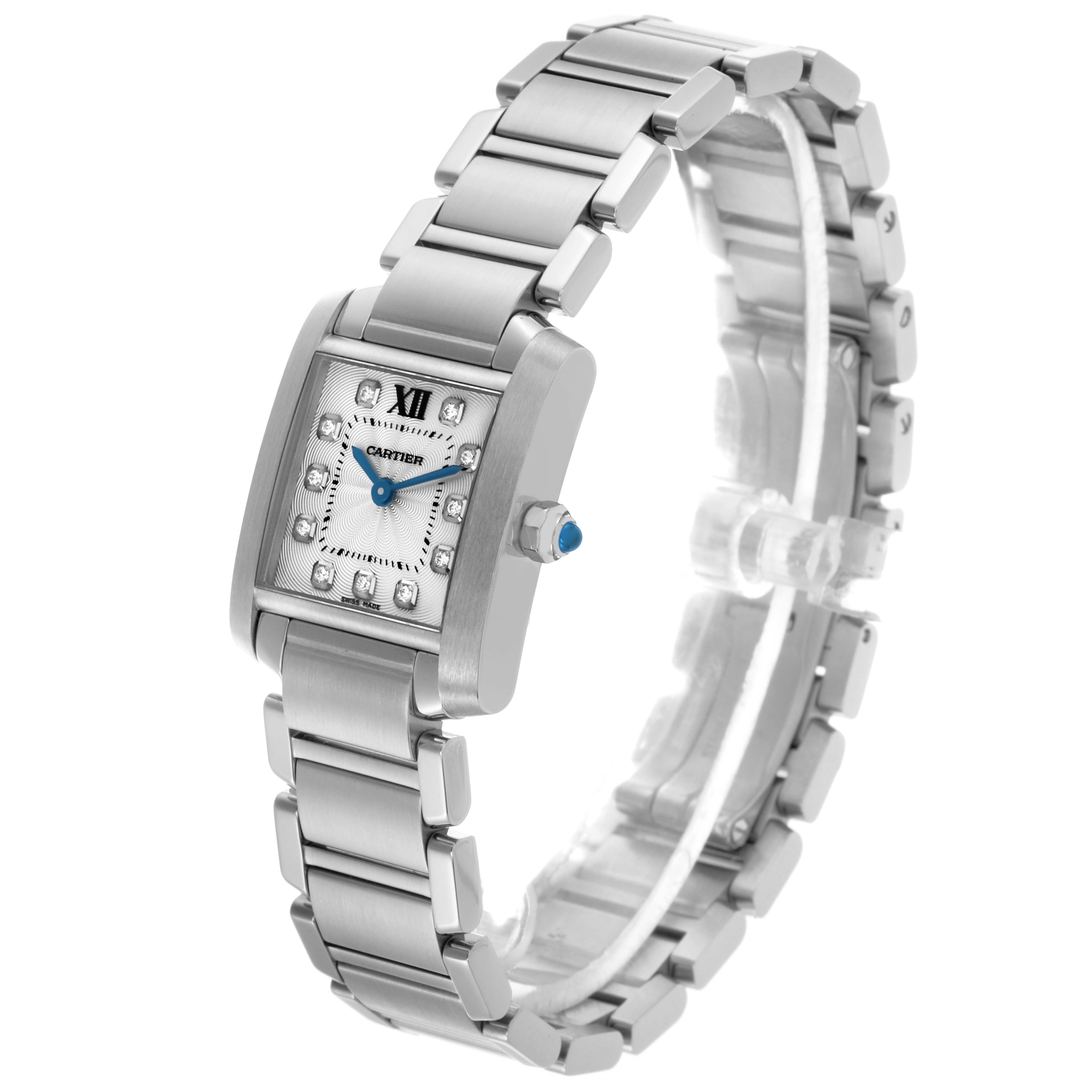 The Cartier Tank Francaise WE110006 Women's Stainless Steel Silver Dial WE110006 Women's Stainless Steel Silver Dial watch is shown at a slight angle, displaying its bracelet, case, and dial with gemstone indices.