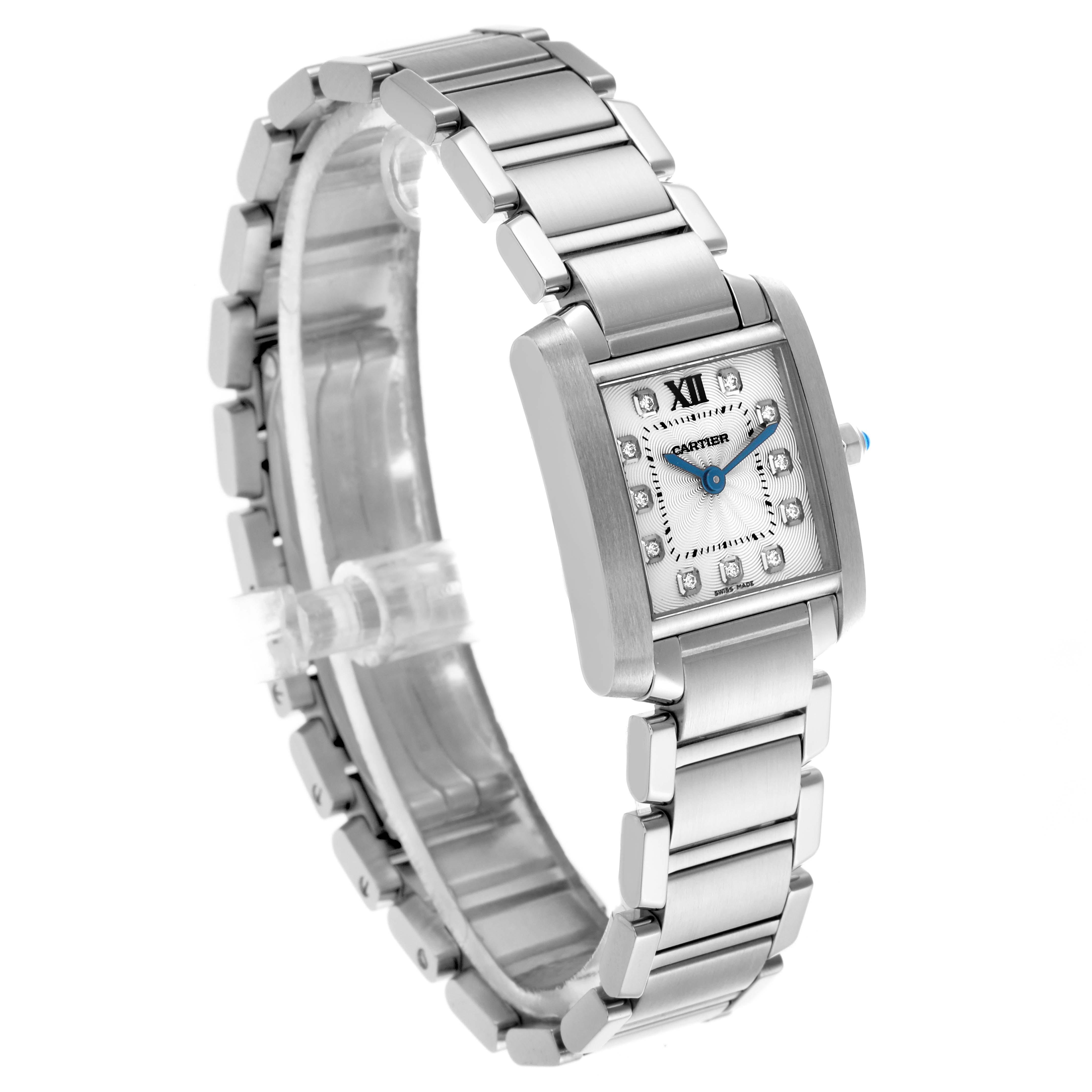 The Cartier Tank Francaise WE110006 Women's Stainless Steel Silver Dial WE110006 Women's Stainless Steel Silver Dial watch is shown at a slight angle, highlighting the face, bracelet, and side profile.