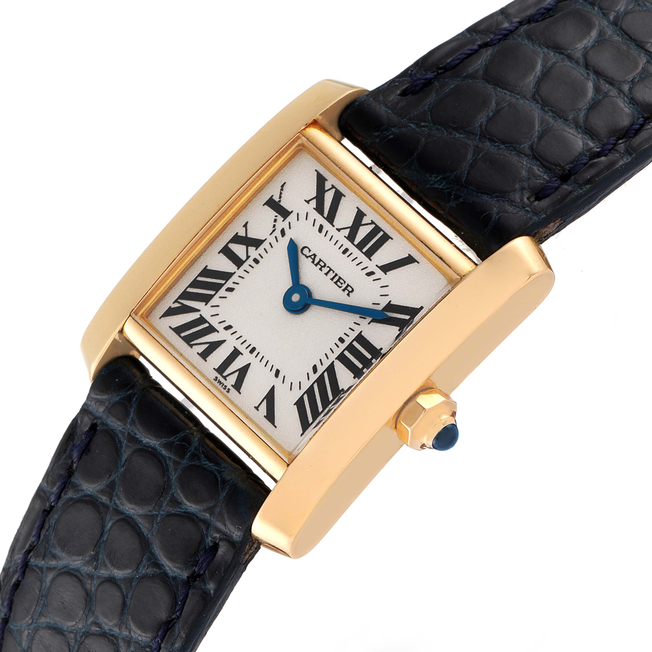 This image shows a Cartier Tank Francaise W5000256 Women's Yellow Gold Silver Dial W5000256 Women's Yellow Gold Silver Dial watch, angled to display the face, crown, and leather strap.