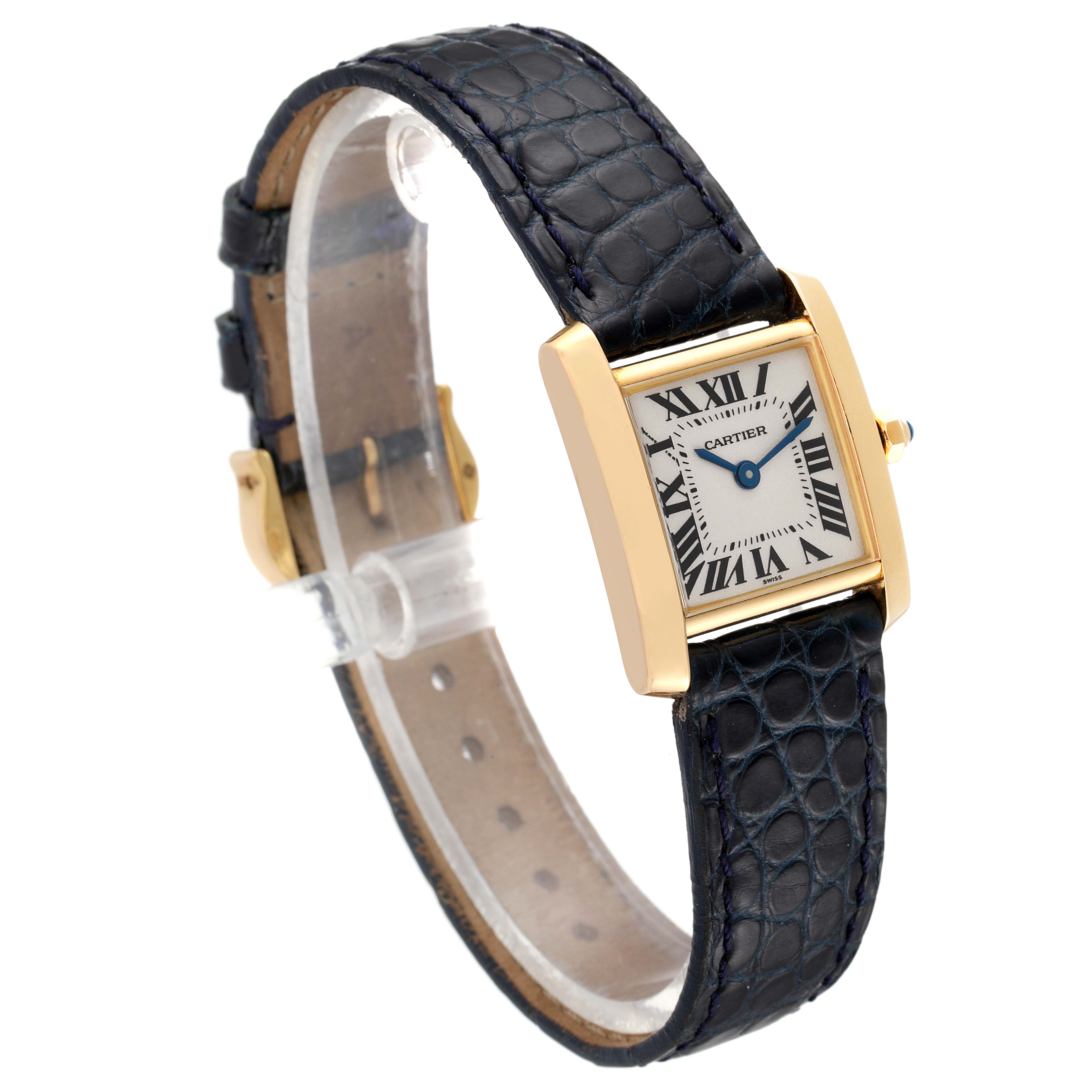 The Cartier Tank Francaise W5000256 Women's Yellow Gold Silver Dial W5000256 Women's Yellow Gold Silver Dial watch is shown at an angle revealing the face, strap, clasp, and crown.