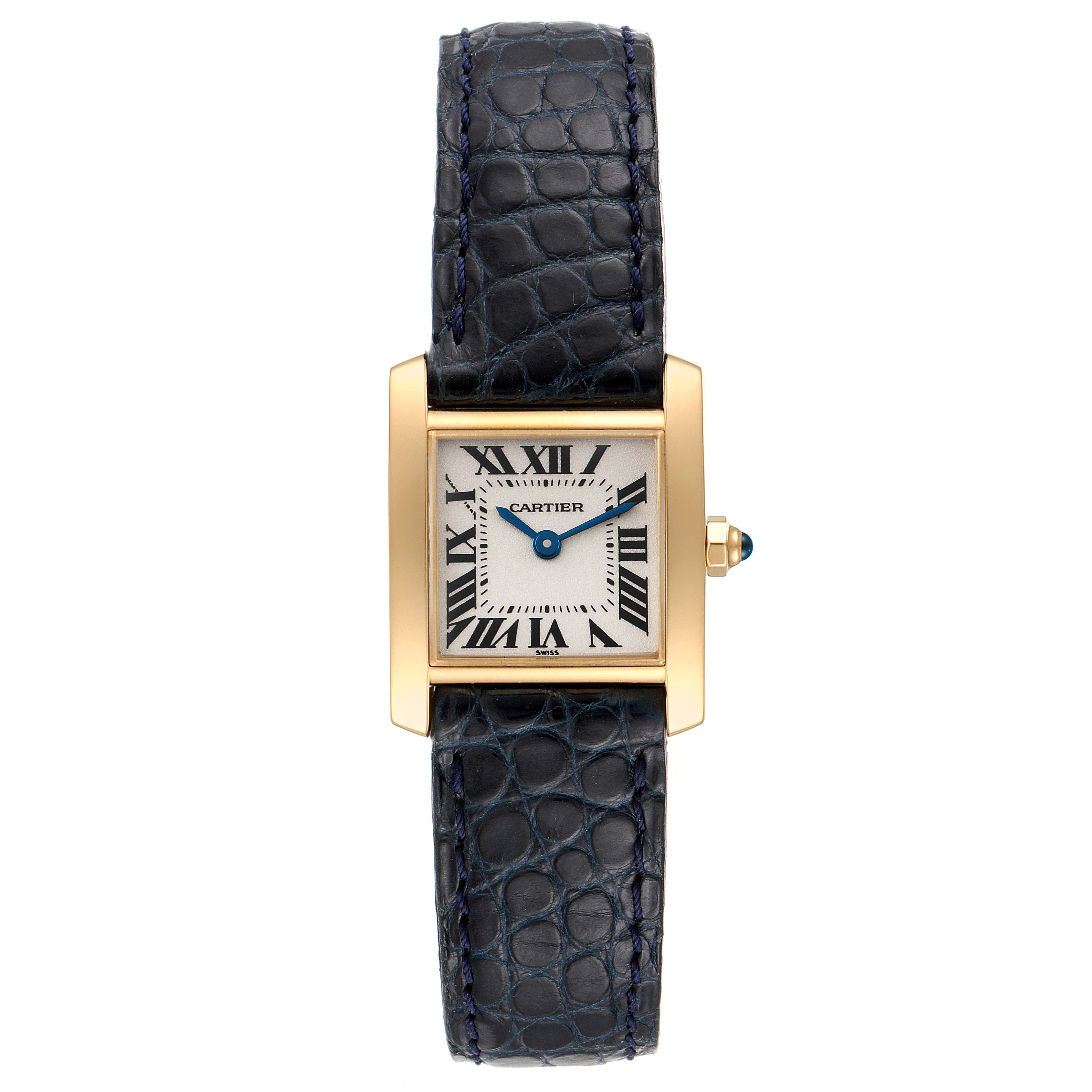 This image shows the front view of a Cartier Tank Francaise W5000256 Women's Yellow Gold Silver Dial W5000256 Women's Yellow Gold Silver Dial watch with a rectangular dial and black leather strap.