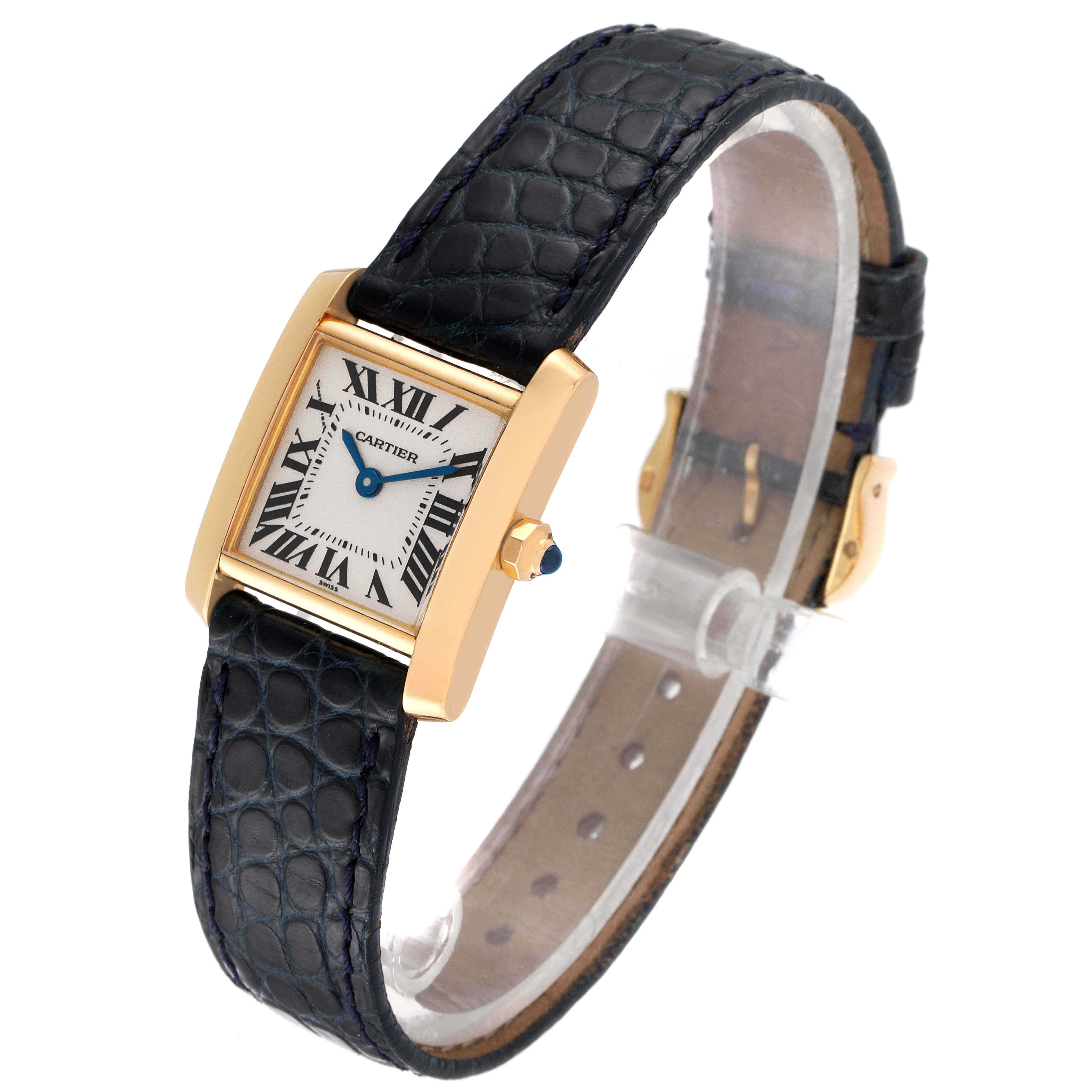 This image shows a Cartier Tank Française watch from an angled side view, displaying the face, strap, and clasp.
