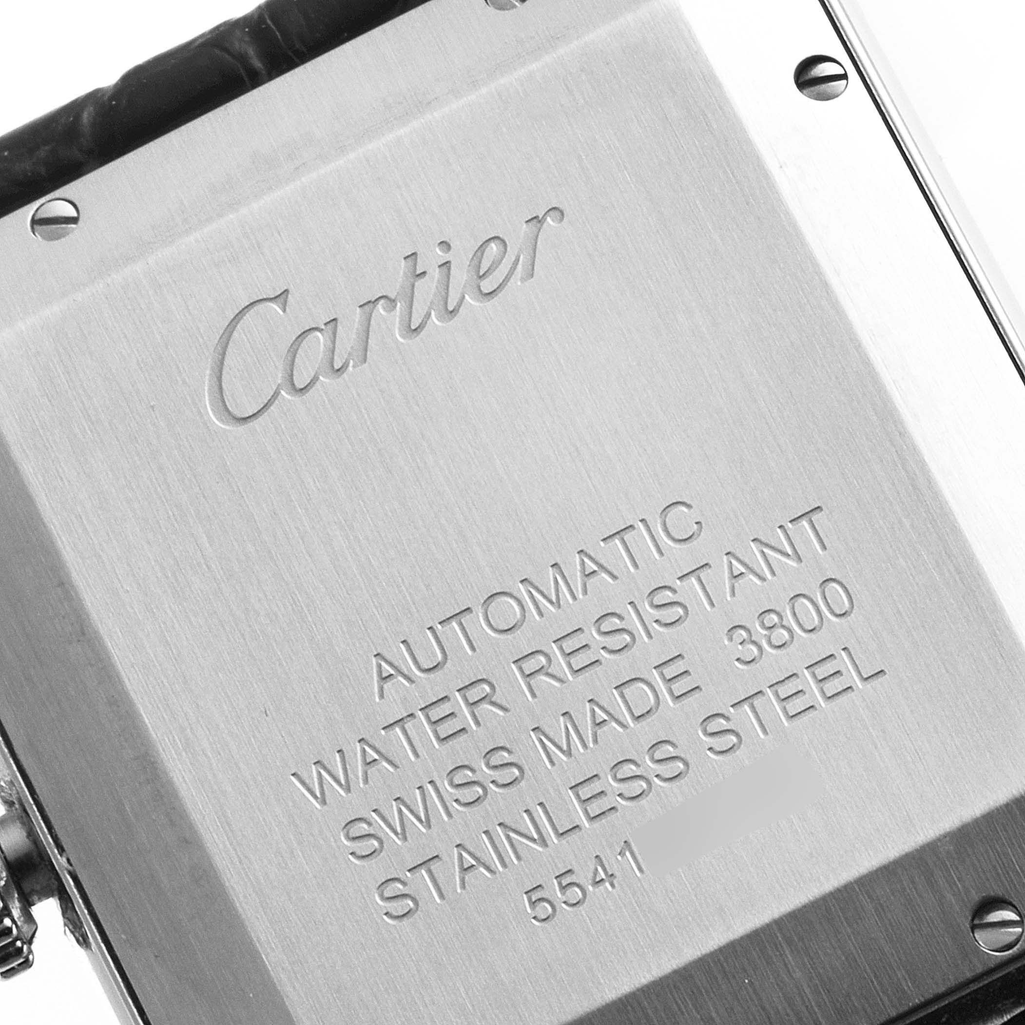 This image shows the case back of a Cartier Tank Solo W5200027 Men's Stainless Steel Silver Dial W5200027 Men's Stainless Steel Silver Dial watch, displaying its specifications and brand engraving.
