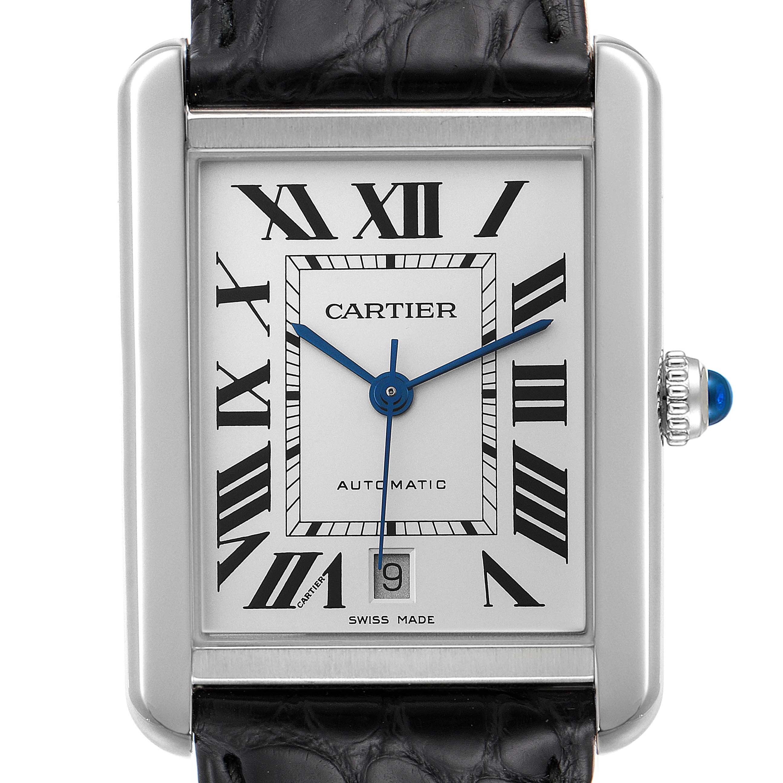 This image shows a front view of the Cartier Tank Solo W5200027 Men's Stainless Steel Silver Dial W5200027 Men's Stainless Steel Silver Dial watch, displaying its face, Roman numerals, blue hands, and the date window.
